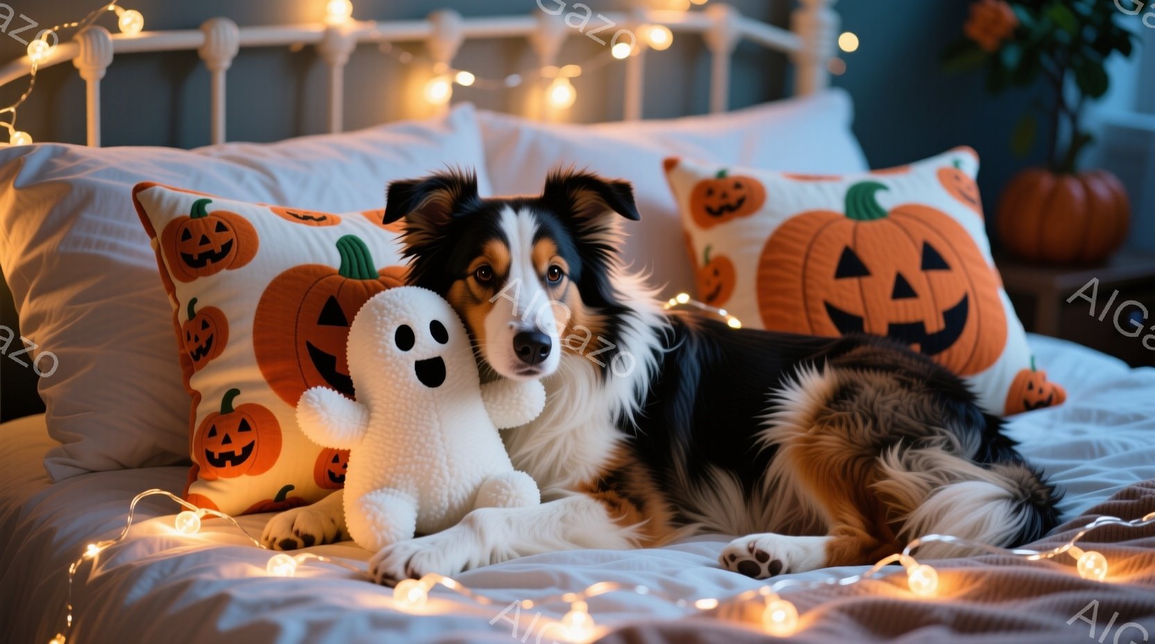 ハロウィンテーマを持つベッドに座ったり転がったりするカナダジャーキークラスの犬と、同じ種の犬型のゾンビグルームプリント。幽霊は白いグルームプリントで、犬は大きな目、耳、そして黒と茶色の毛を持ち、ベッドの上に座り、爪が立っている。ゾンビの表情は冷たく、犬は仕事量で不機嫌なように見える。背景には白色の房と、上に伸びる暗い天気がある。