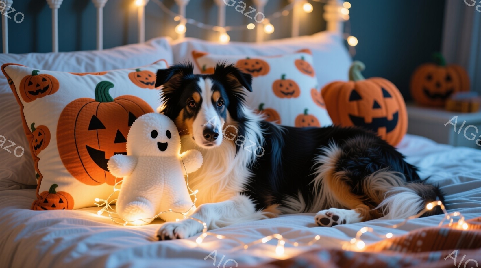 ベッドの上には、ハロウィーンをテーマにしたオレンジ色のカボチャ柄の枕と、白いゴーストのぬいぐるみがあります。黒と白の毛並みを持つボーダーコリーが横たわり、前足でぬいぐるみを抱きかかえ、穏やかな表情でカメラを見ています。背景には、カボチャの飾りと温かい光のガーランドがあり、居心地の良い秋の雰囲気が漂っています。