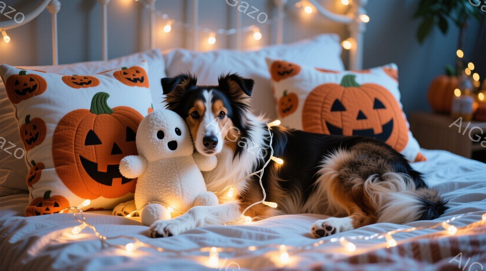 ベッドの上で、黒と白の毛並みを持つボーダーコリーがリラックスして横たわっています。オレンジ色のハロウィン柄の枕と、白いゴーストのぬいぐるみに囲まれ、周りには温かい光のイルミネーションが飾られています。 - AI生成フリー素材