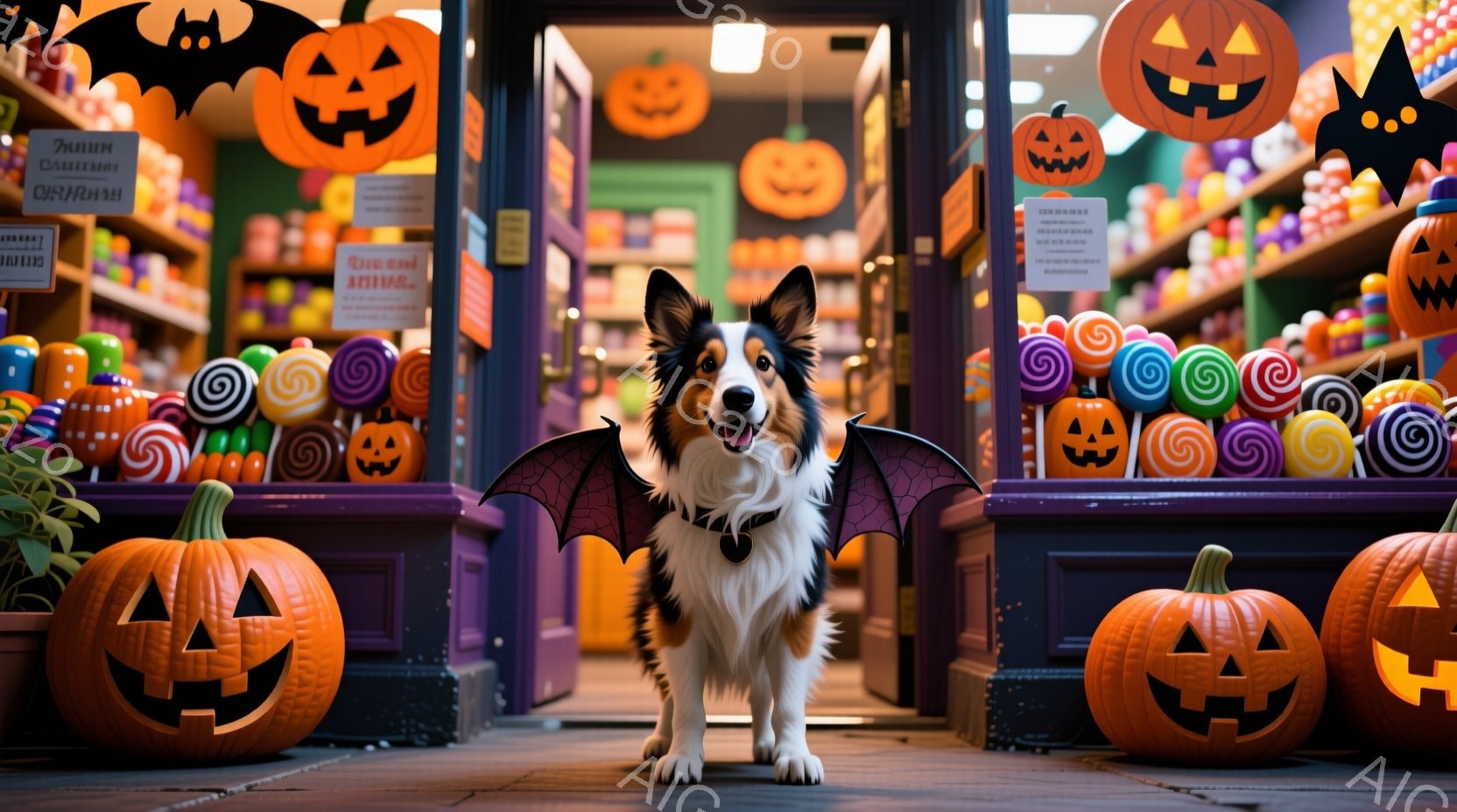 白と黒の毛並みをした犬が、ハロウィーンの衣装であるコウモリの羽をつけて正面を向いています。背景には、カラフルなキャンディーやカボチャのランタンが並び、ハロウィーンらしい賑やかな雰囲気を醸し出しています - AI生成フリー素材
