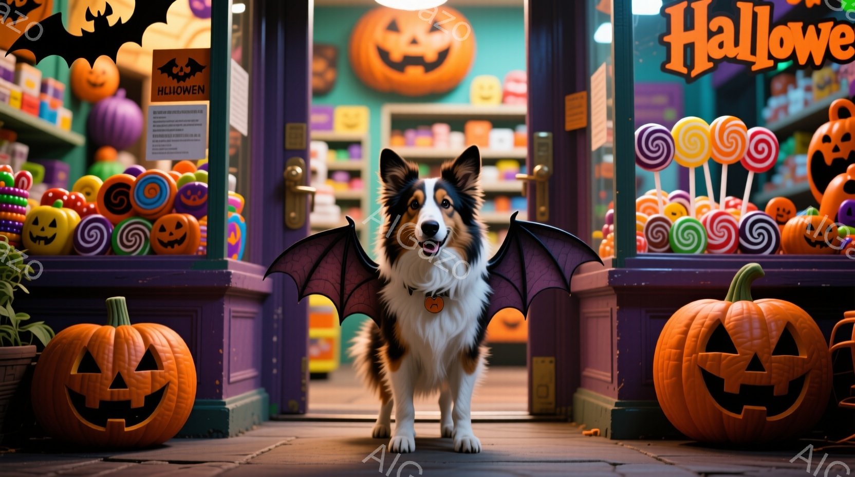 ハロウィーンの装飾がされた店の入り口に、翼をつけた犬が立っています。犬は茶色と白の毛並みで、楽しそうな表情をしています。背景には、カラフルなハロウィーンのお菓子やカボチャが飾られた店が写っており、全体的に明るく、お祝いムードに包まれています。