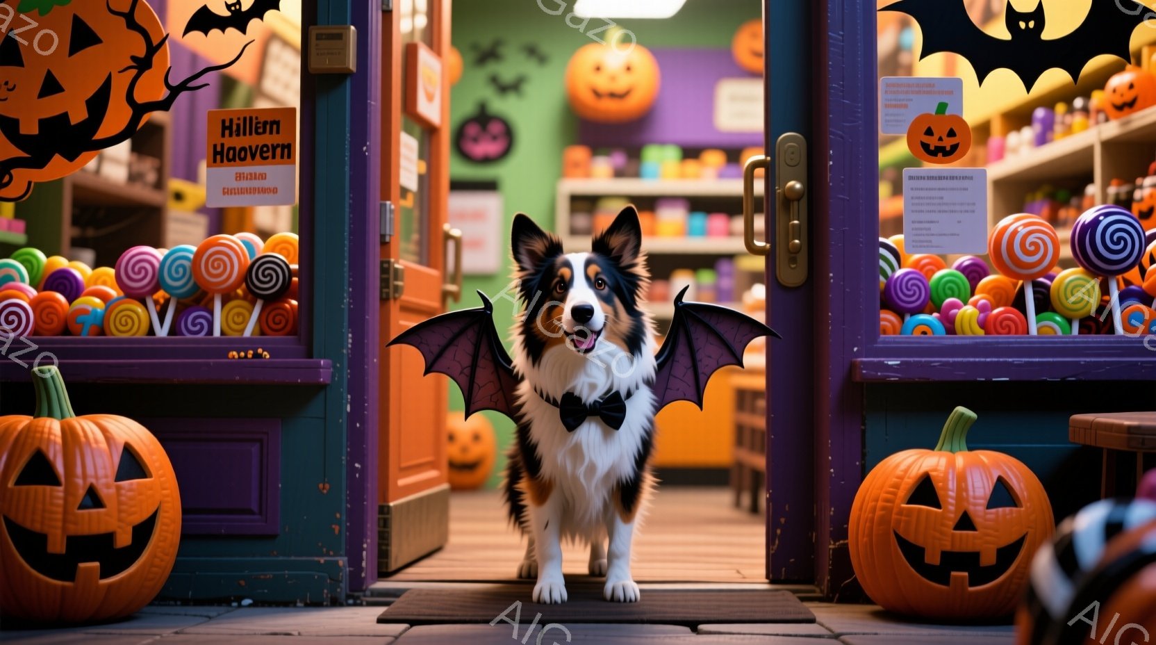 ハロウィーンの装飾が施されたキャンディーショップの入り口に、蝶ネクタイとコウモリの羽をつけたボーダーコリーが立っている。犬は正面を見据え、やや誇らしげな表情で、まるで店の番をしているかのようだ。背景にはカラフルなキャンディーが並び、ハロウィーンのパンプキンが左右に配置され、祝祭的な雰囲気を醸し出している。