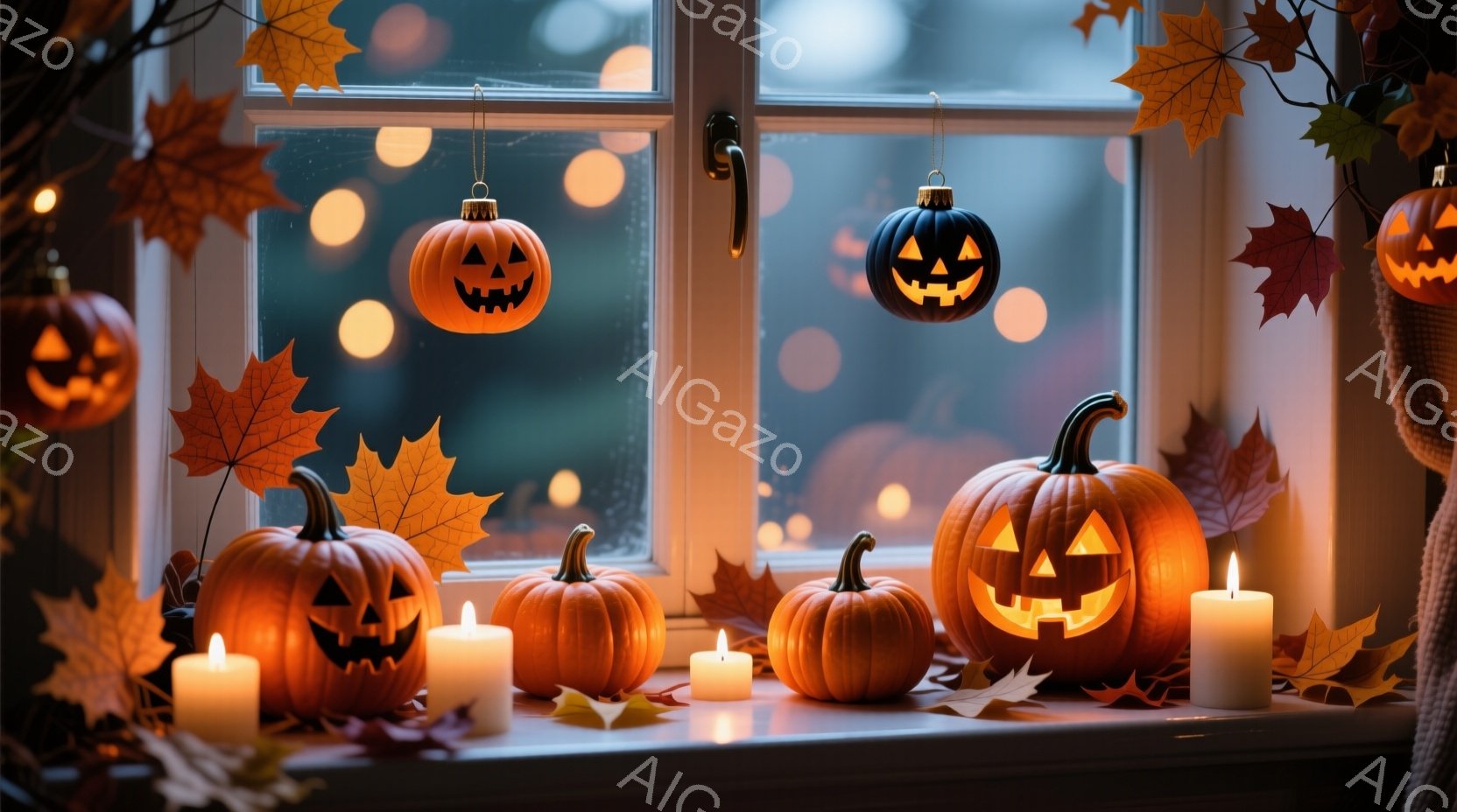 窓辺にハロウィンの飾り付けが施されており、様々な大きさのジャック・オ・ランタンとキャンドルが並べられています。背景はぼやけた夜景で、オレンジと黄色の落ち葉がアクセントとなり、温かく幻想的な雰囲気を醸し - AI生成フリー素材