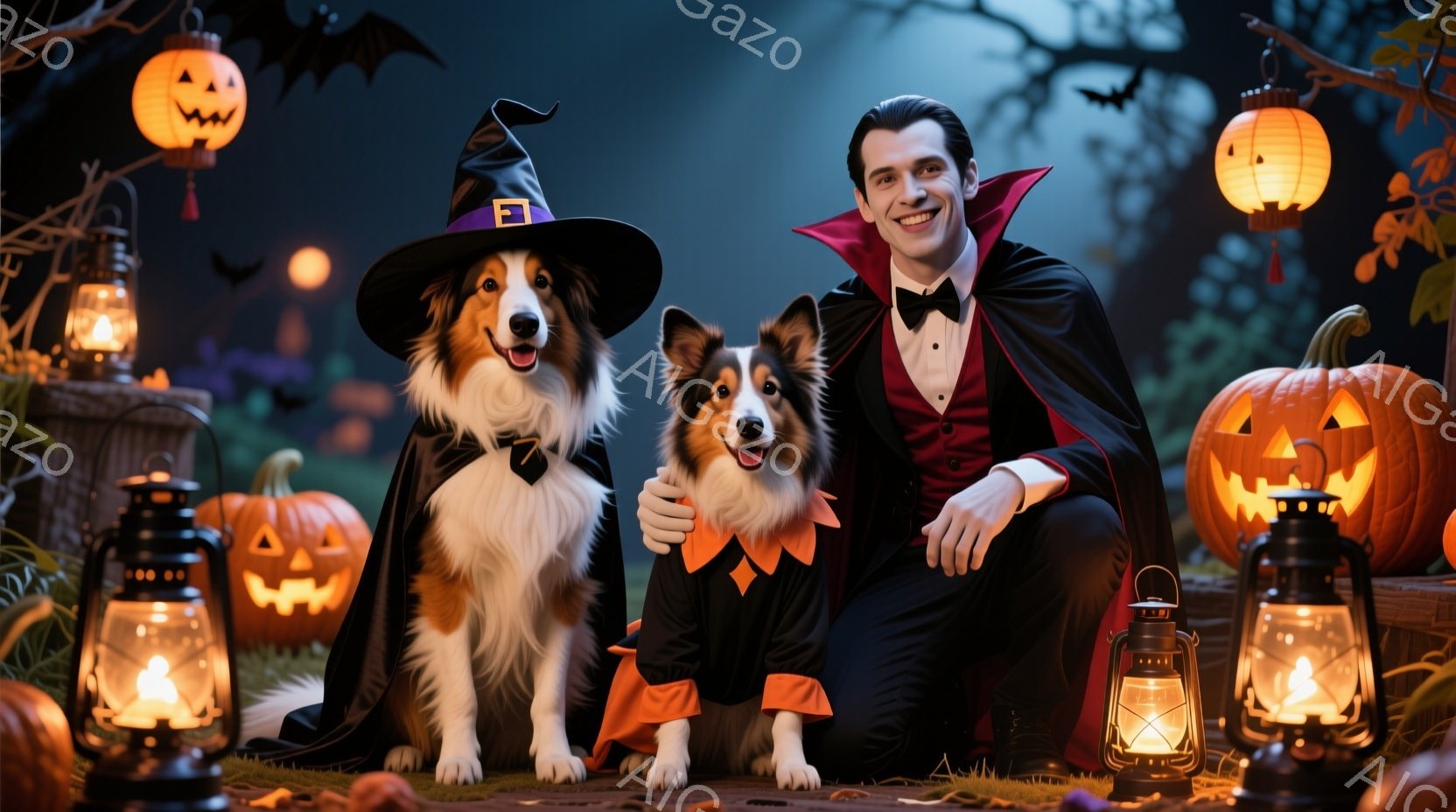 長毛の犬二匹がハロウィーンの衣装を着ています。一匹は魔女の帽子とマント、もう一匹はオレンジと黒のコスチュームを着用し、飼い主である男性と並んで座っています。背景には、カボチャのランタン、古い建物、そして暗い夜空が広がり、お祭り気分を盛り上げています。