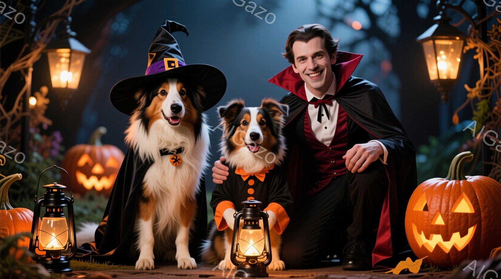 ハロウィーンをテーマにした写真で、一人の男性と二匹のシェットランドシープドッグが写っています。男性は吸血鬼風の服装で、黒いマントとベスト、赤いシャツを着て、少し笑みを浮かべています。背景には、カボチャ - AI生成フリー素材