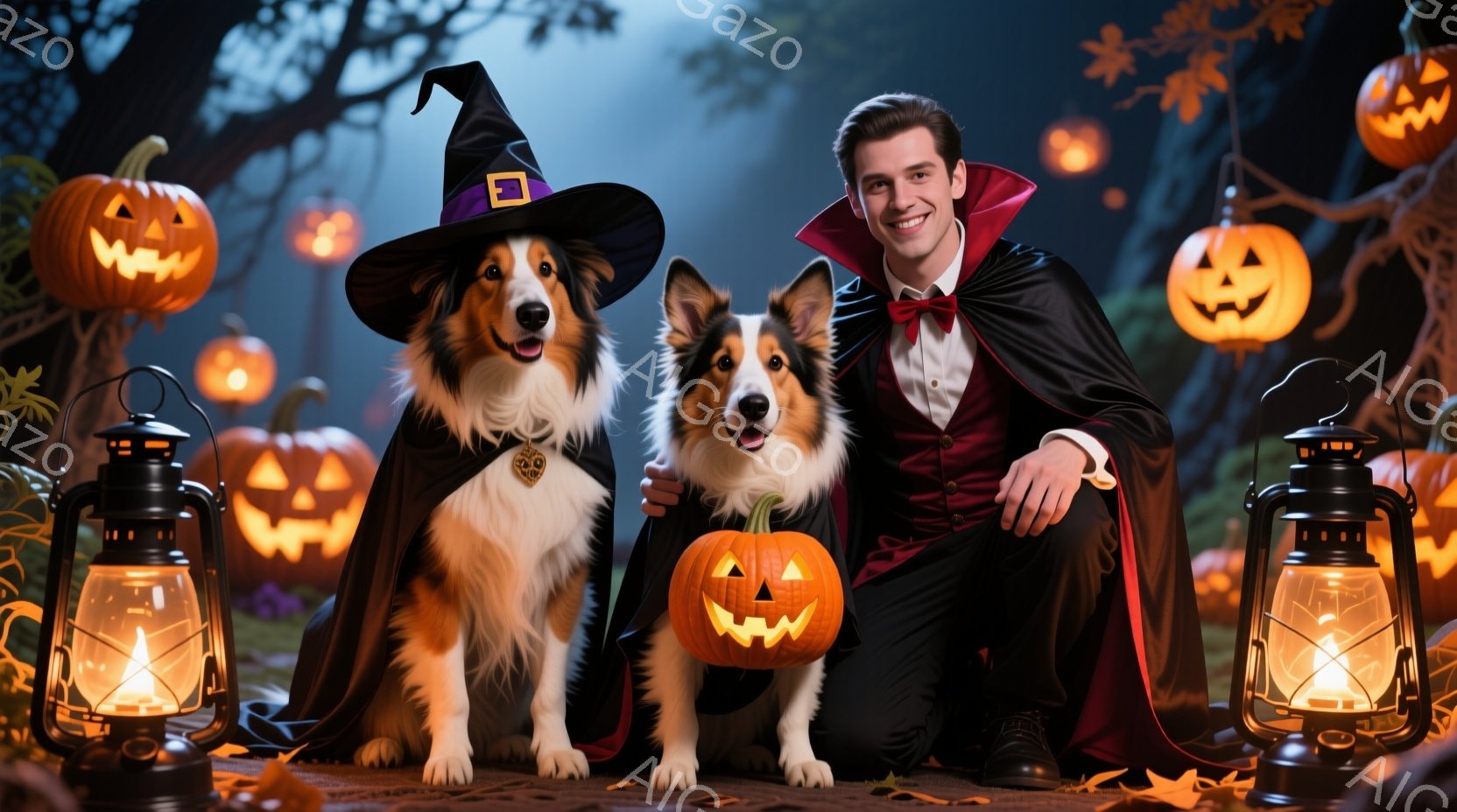 ハロウィーンをテーマにした画像で、若い男性と2匹のシェットランドシープドッグが描かれています。男性は吸血鬼風の衣装を着て、黒いマントと赤い蝶ネクタイを締め、少し微笑んでいます。背景には、たくさんのジャ - AI生成フリー素材