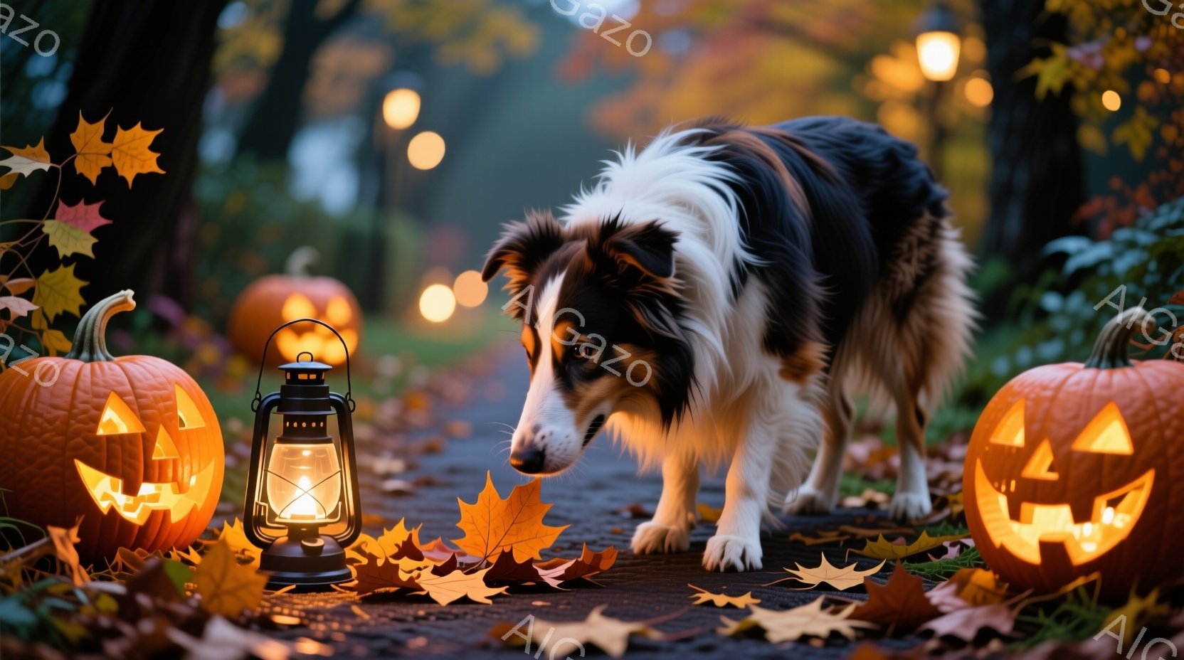 ハロウィンの装飾が施された森の中の小道に、ボーダーコリーが歩いている。周囲にはジャック・オ・ランタンや落ち葉が散らばり、暖かみのあるランタンの光が犬を照らしている。全体的に、秋の夜の穏やかで幻想的な雰 - AI生成フリー素材