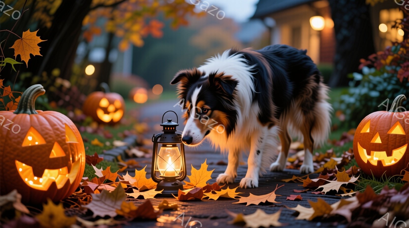 舗装された道に彫刻が施されたカボチャが配置され、葉っぱが散らばる中、ボーダーコリーが歩いている。カボチャは内部から光を放ち、道の脇に並んだカボチャの明るい光が幻想的な雰囲気を醸し出している。背景には建物が見え、暖かく、お祝いのハロウィーンの雰囲気を演出している。