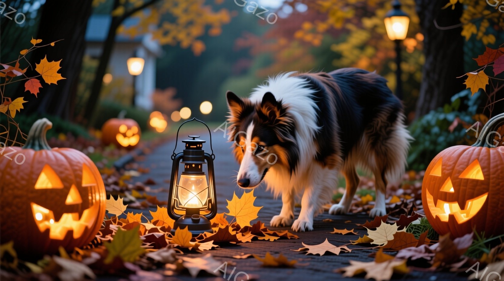 舗装された道に散らばる紅葉の上を、ボーダーコリーが慎重に歩いている。道の両脇には、ジャック・オー・ランタンが並び、背後にはぼんやりと見える建物と、夕暮れ時の暖色系の光が広がっている。ハロウィーンの雰囲 - AI生成フリー素材
