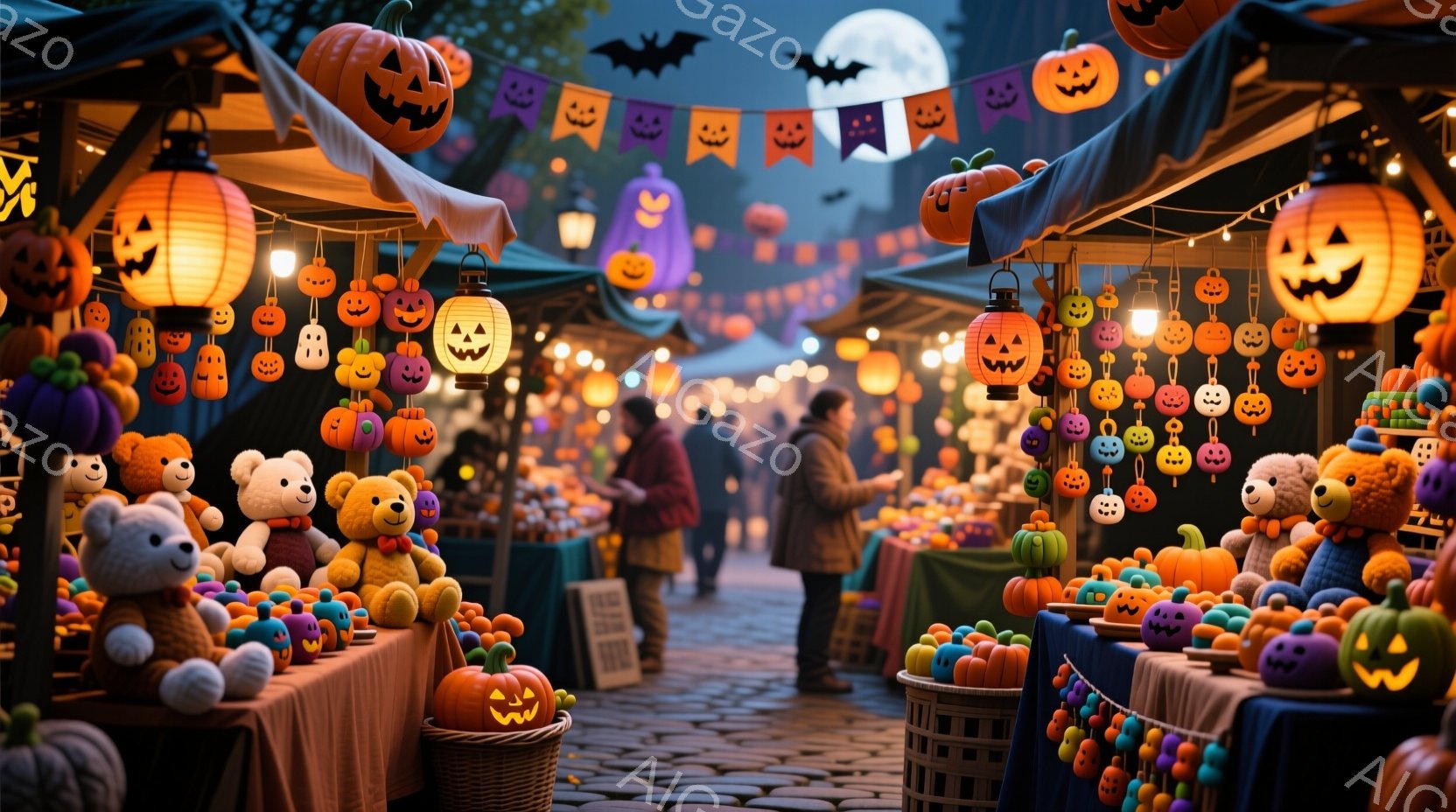 ハロウィーンのマーケットの賑やかな様子が描かれている。オレンジ色のカボチャの置物やテディベアが並び、人々が楽しそうに買い物や散策をしている。背景には石畳の道や建物が見え、夜空には満月とコウモリが浮かび、全体的に温かく幻想的な雰囲気が漂っている。