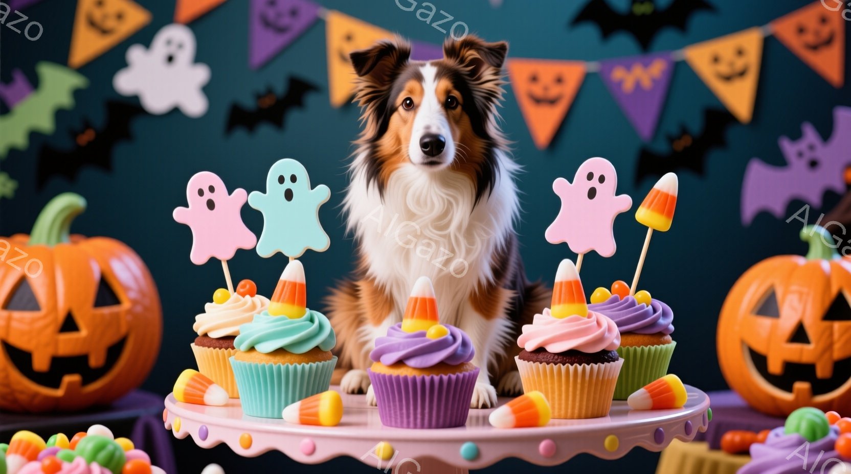 ハロウィーンをテーマにした装飾に囲まれた、美しいボーダーコリーが写っています。カップケーキとキャンディが並んだピンクのケーキスタンドの前に座り、穏やかで好奇心旺盛な表情をしています。背景には、カボチャ - AI生成フリー素材