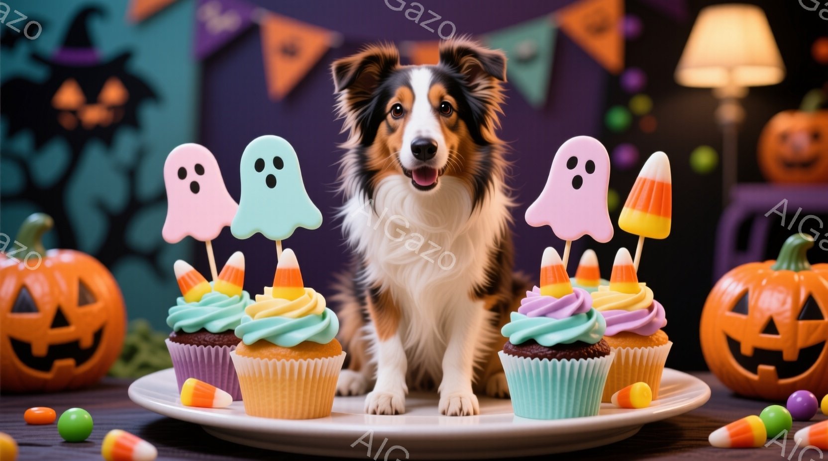 鮮やかなハロウィーンの背景を背景に、美しいボーダーコリーがカップケーキの前で座っています。カップケーキはピンク、オレンジ、紫色のアイシングで飾られ、それぞれにハロウィーンのお菓子がトッピングされていま - AI生成フリー素材