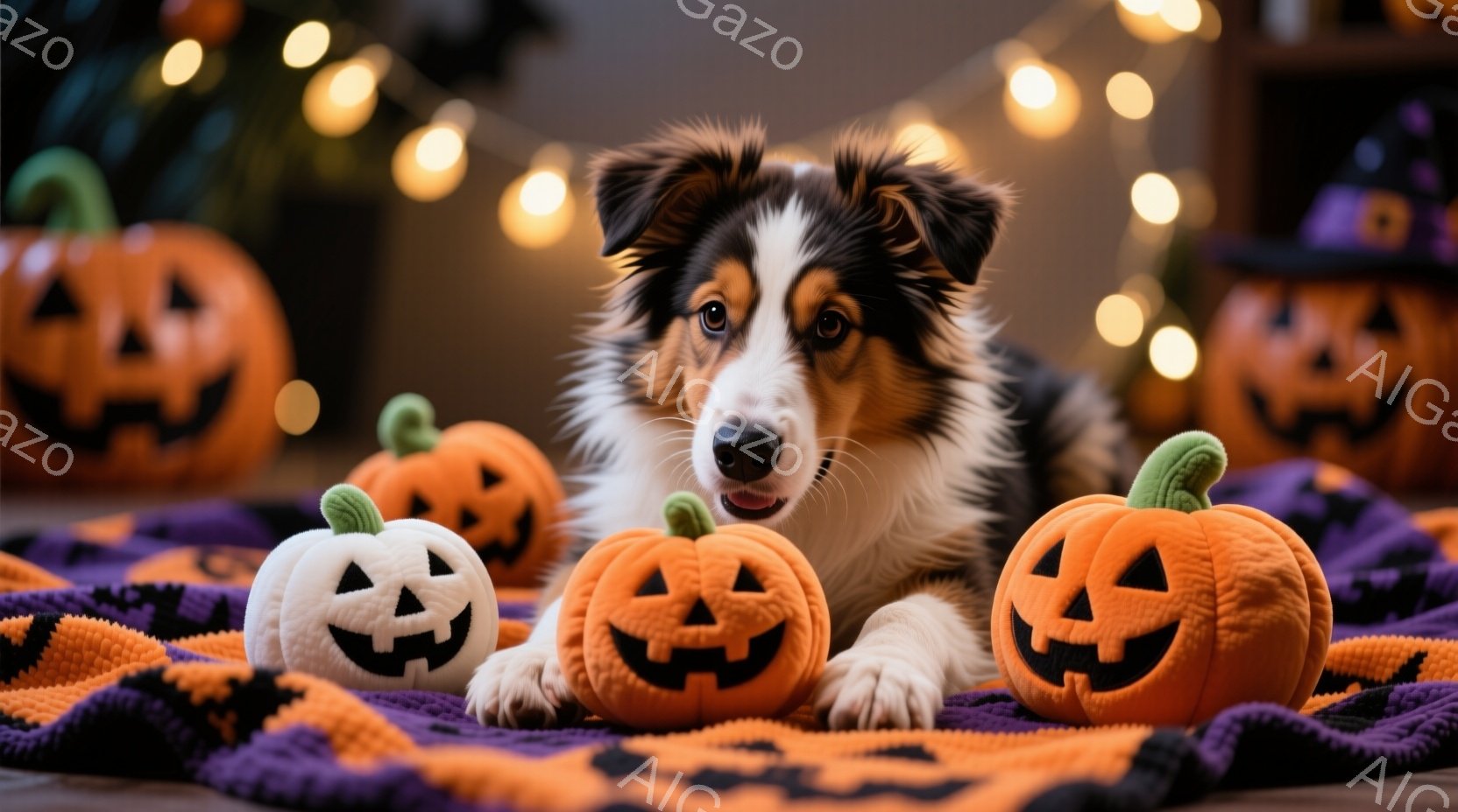 ボーダーコリーがハロウィーンの装飾に囲まれて、紫とオレンジの毛布の上に横たわっています。犬は前足を小さなカボチャの周りに置き、リラックスした表情でカメラを見ています。背景には、ぼんやりとした建物のシル - AI生成フリー素材