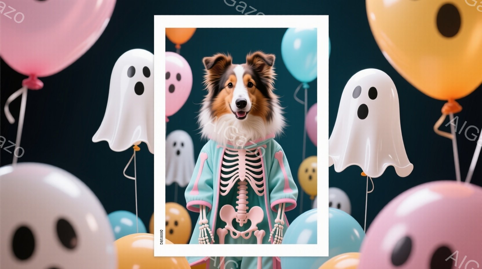茶色と白の毛並みを持つコリー犬が、ハロウィーンのガイコツのコスチュームを着ています。犬は正面を向き、少し微笑んでいるように見え、コスチュームの骨格模様が鮮やかに映えています。背景には、パステルカラーの風船と幽霊の形をした風船があり、お祭り気分を盛り上げています。