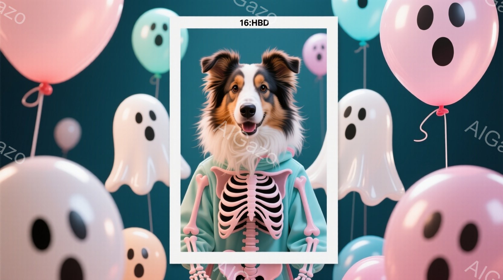 ハロウィーンをテーマにした、骨格の衣装を着たボーダーコリーの犬が写っています。犬は正面を向き、少し微笑んでおり、とても可愛らしい表情をしています。背景には、ピンクや水色の幽霊の形をした風船が多数浮かび - AI生成フリー素材