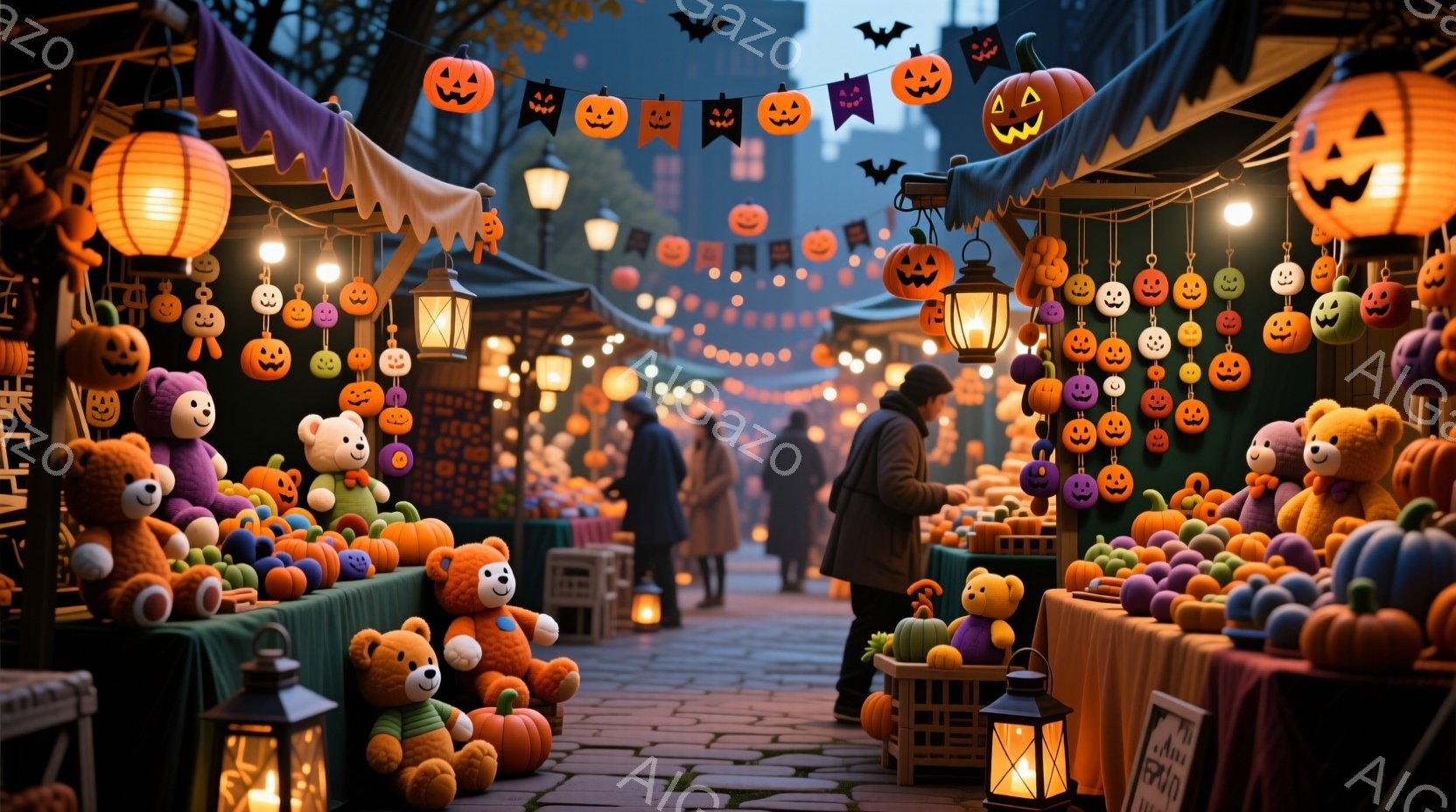 ハロウィーンの夜の賑やかな市場の様子が描かれています。多くのカボチャの置物やテディベアが並び、装飾されたテントの下で人々が楽しそうに歩き回っています。石畳の道と暗い背景の建物が、お祭りムードを盛り上げ - AI生成フリー素材