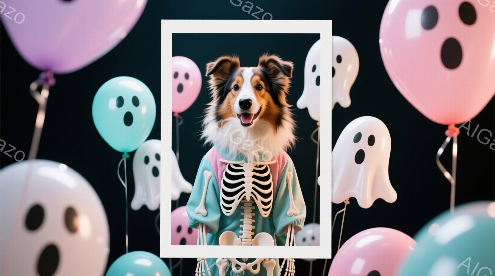 茶色と白の毛並みを持つボーダーコリーが、ハロウィーンらしい骨格のコスチュームを着ています。犬は少し前を向き、カメラに視線を向けており、全体的に明るく楽しい雰囲気を醸し出しています。背景には、ピンクと水 - AI生成フリー素材