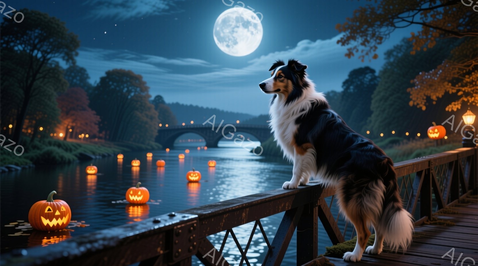 夜の橋の上に、美しいボーダーコリーが立っている。橋の下の川には、ハロウィーンカボチャが浮かび、遠くにはアーチ橋が見え、背景には暗い木々が生い茂っている。満月の光が水面を照らし、全体的に幻想的で静かな夜の雰囲気を醸し出している。