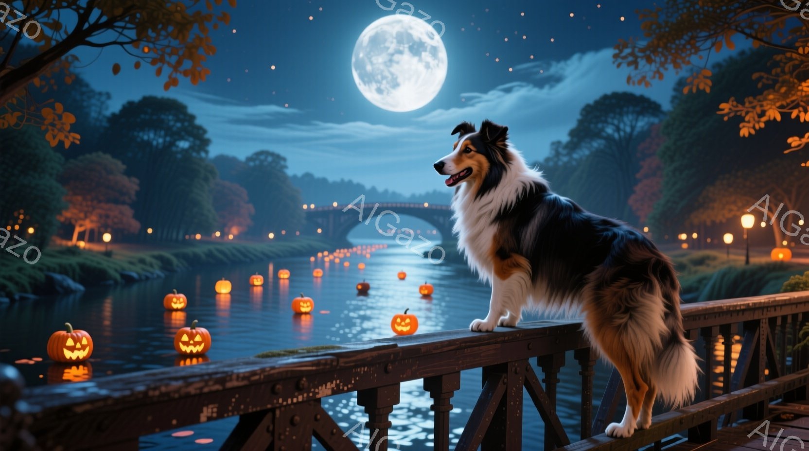 夜の川の上に、ハロウィーンの飾り付けが浮かび、その上に犬が橋の欄干に座って見下ろしている様子が描かれている。満月が夜空を照らし、周囲の木々をシルエットで際立たせ、神秘的で幻想的な雰囲気を醸し出している - AI生成フリー素材