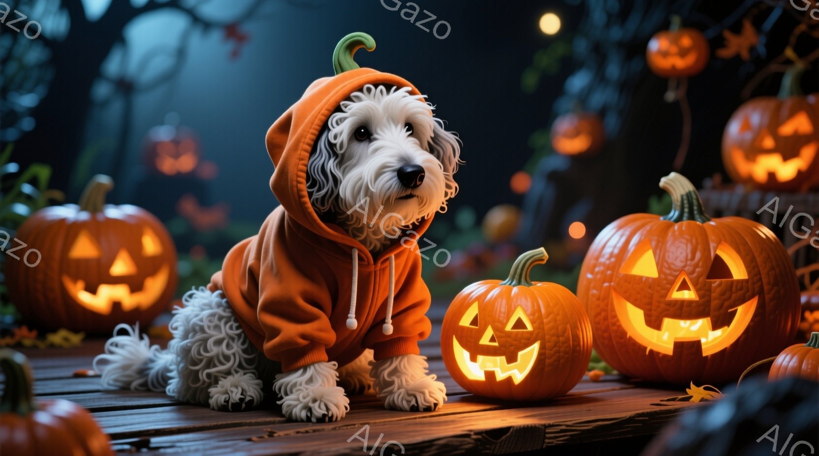 白い毛並みの犬が、オレンジ色のパーカーを着て木製の台の上に座っています。犬は正面を見つめており、少し警戒した表情をしています。背景には、さまざまな大きさのジャック・オ・ランタンが配置され、暗い森が広が - AI生成フリー素材