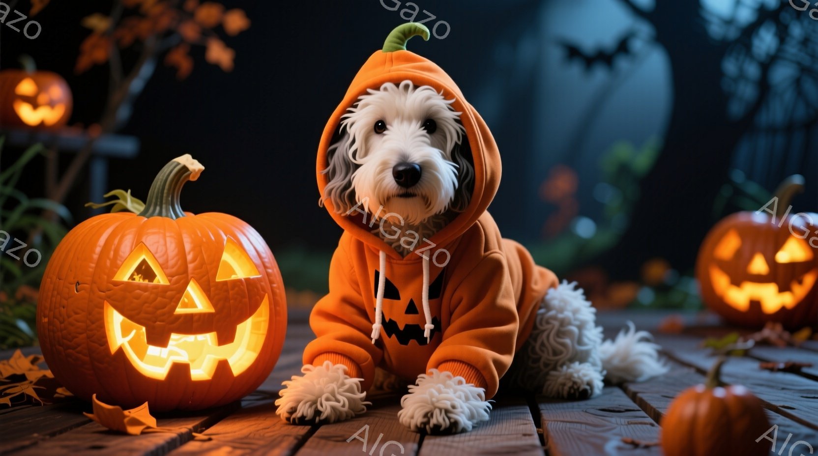 白いふわふわの犬が、ハロウィーンカボチャの模様がプリントされたオレンジ色のパーカーを着て、木の板の上に横たわっています。周囲には、点灯したジャック・オ・ランタンが置かれ、背景にはぼやけたシルエットの建 - AI生成フリー素材
