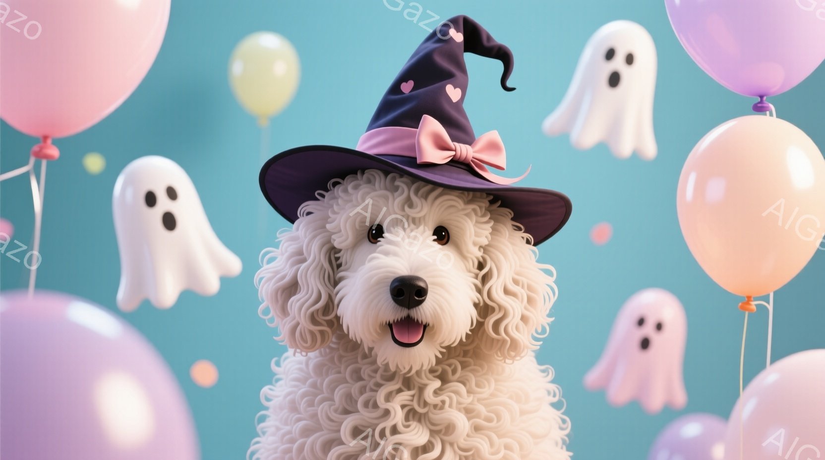 白い巻き毛の犬が、紫色の魔女帽子を被って正面を見ています。犬は口を開けて笑顔で、とても可愛らしい表情をしています。背景は水色の空で、様々な色の風船や幽霊のイラストが浮かび、お祝いやハロウィンのような楽 - AI生成フリー素材