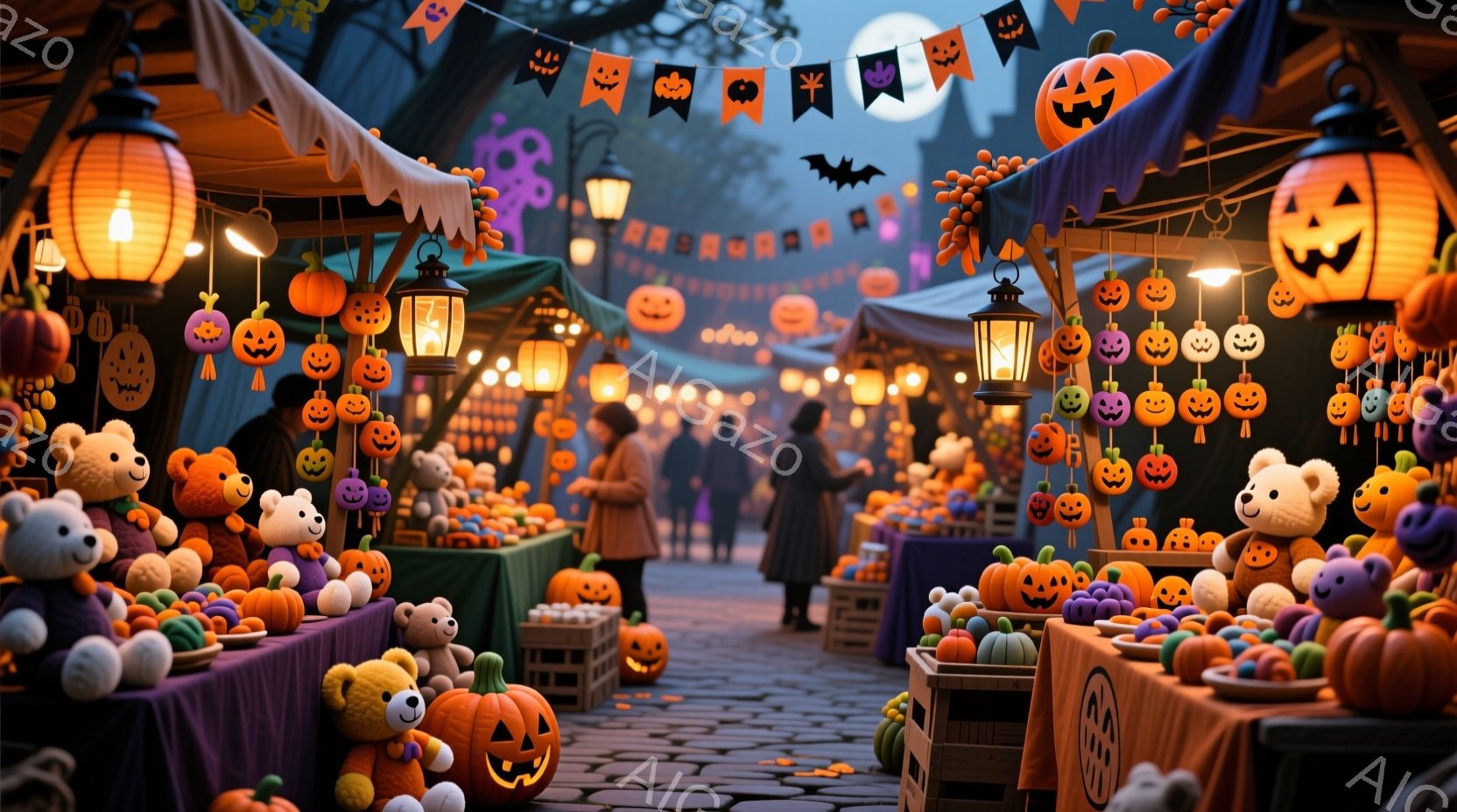 ハロウィンのマーケットの様子が描かれています。多くのカボチャの置物やぬいぐるみ、お菓子が並べられた屋台が並び、人々が楽しそうに買い物や散策を楽しんでいます。背景には暗い森と満月が見え、全体的に暖かく幻想的な雰囲気が漂っています。