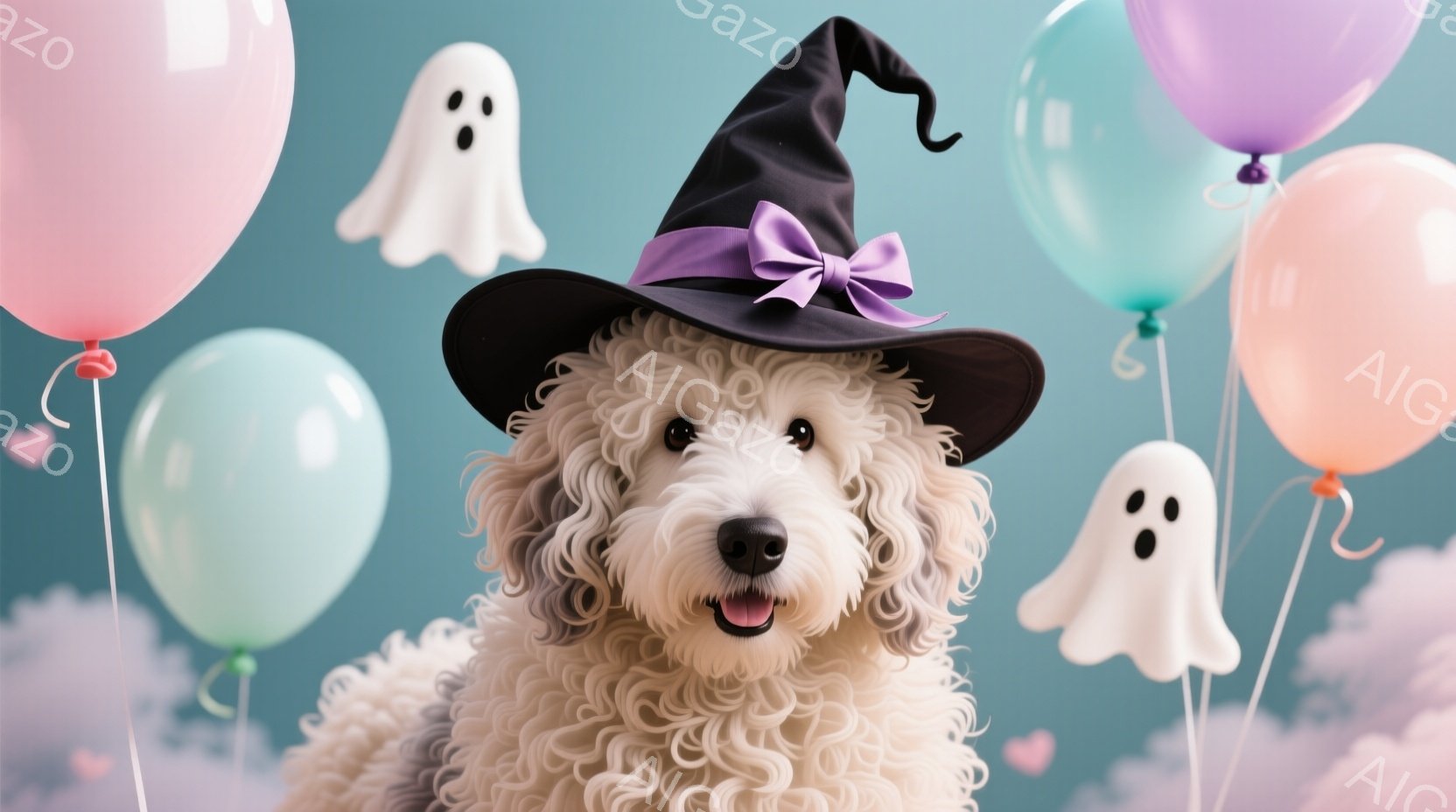 白い巻き毛の犬がハロウィーンの帽子をかぶって正面を見ています。背景には、パステルカラーの風船と幽霊の飾り、そして雲のような模様があり、お祝いの雰囲気を醸し出しています。犬は嬉しそうで、全体的に明るく楽 - AI生成フリー素材
