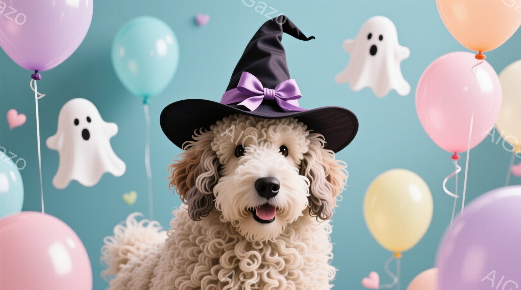 ふわふわのクリーム色の犬が、ハロウィーン用の黒い帽子を被り、口を開けて楽しそうに微笑んでいます。背景には、パステルカラーの風船や可愛いお化けの飾り付けがあり、明るく楽しい雰囲気を醸し出しています。全体 - AI生成フリー素材