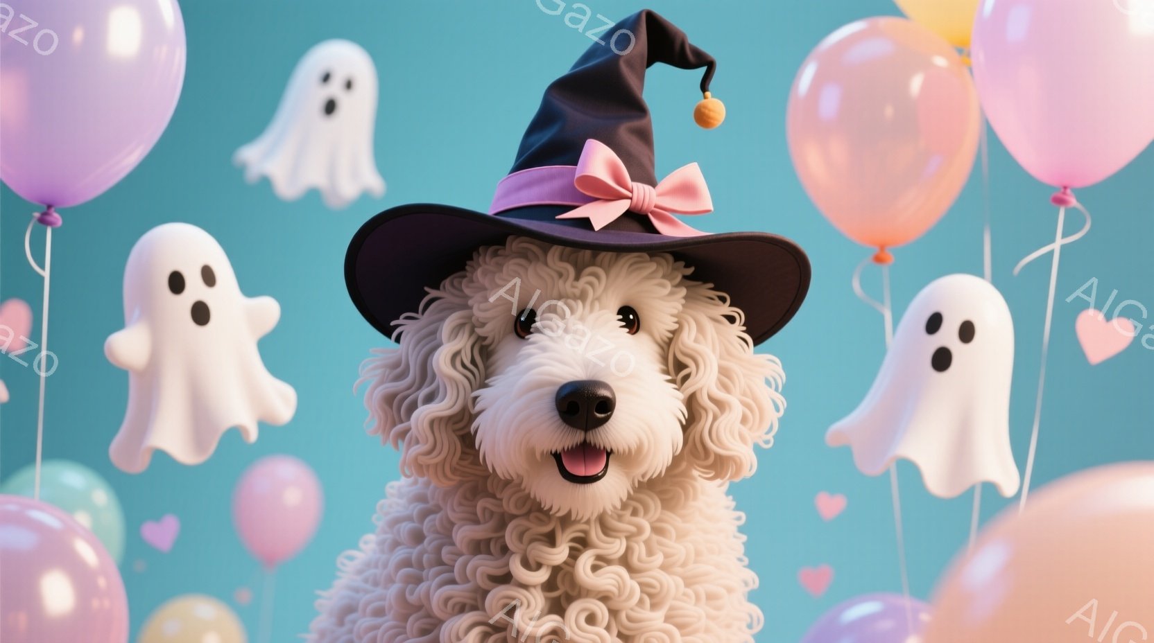 ふわふわの白い巻き毛の犬が、ハロウィーンらしい黒い魔女帽子とピンクのリボンをつけて正面を見つめています。犬は口を開けて楽しそうに微笑み、元気いっぱいの表情をしています。背景には、パステルカラーの風船や - AI生成フリー素材