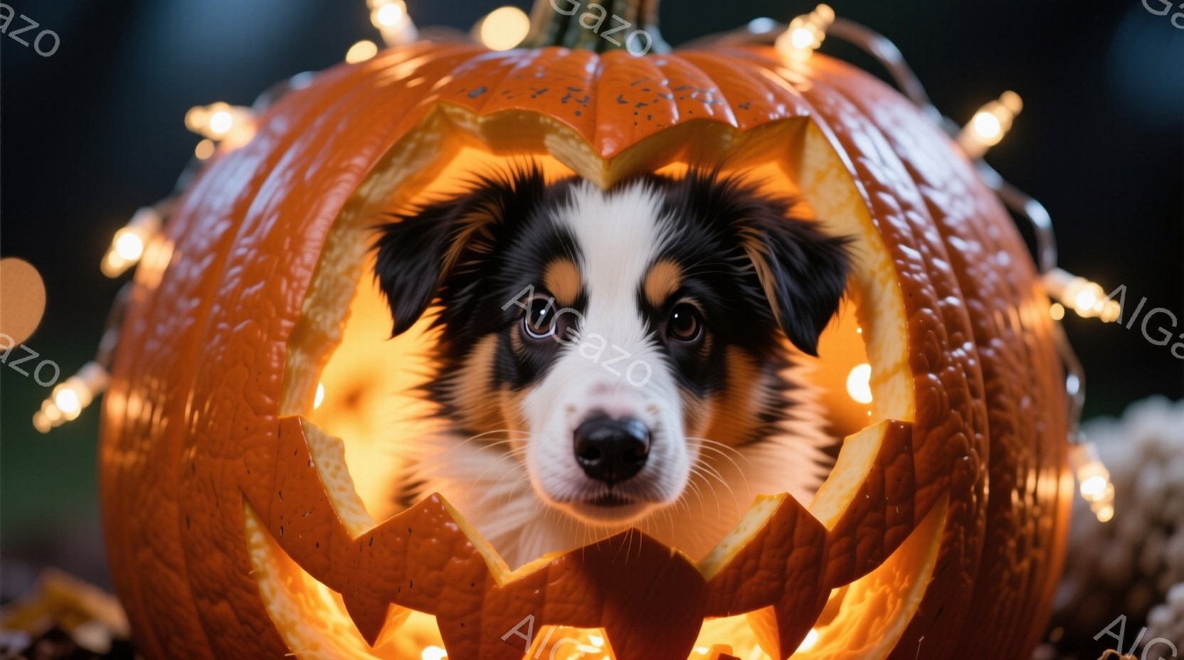 鮮やかなオレンジ色のジャック・オー・ランタンの中に、可愛らしい子犬が顔を出しています。黒と白の毛並みで、大きな瞳には好奇心が溢れており、少しいたずらっぽい表情を浮かべています。背景にはぼやけた光のカー - AI生成フリー素材