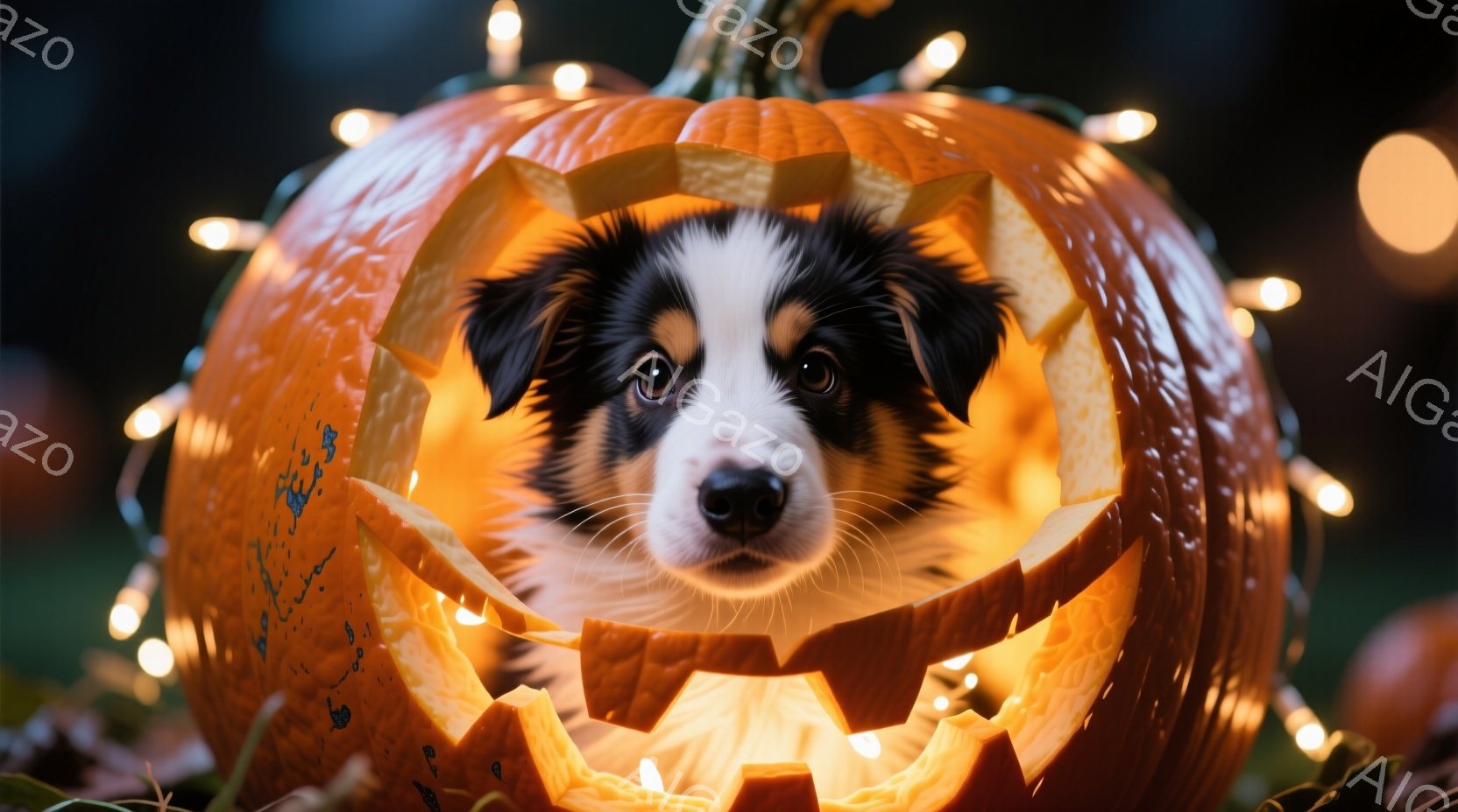 愛らしい子犬が、ジャック・オ・ランタンのようにくり抜かれたカボチャの中に顔を出しています。子犬は黒と白の毛並みで、つぶらな瞳で見つめ、可愛らしい表情をしています。背景は暗く、カボチャの周りには小さな光が灯っており、ハロウィーンの温かく幻想的な雰囲気を醸し出しています。