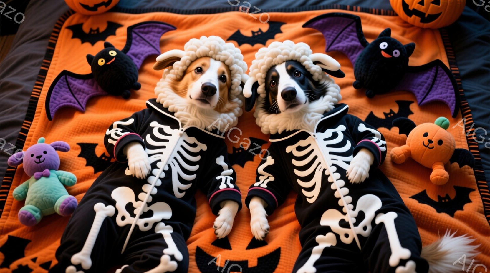 ハロウィーンをテーマにした写真で、2匹のボーダーコリーが骸骨模様の衣装を着てオレンジ色の背景に横たわっています。彼らは衣装に合わせ、首に白いフリルカラーをつけています。背景には、カボチャやコウモリのぬ - AI生成フリー素材