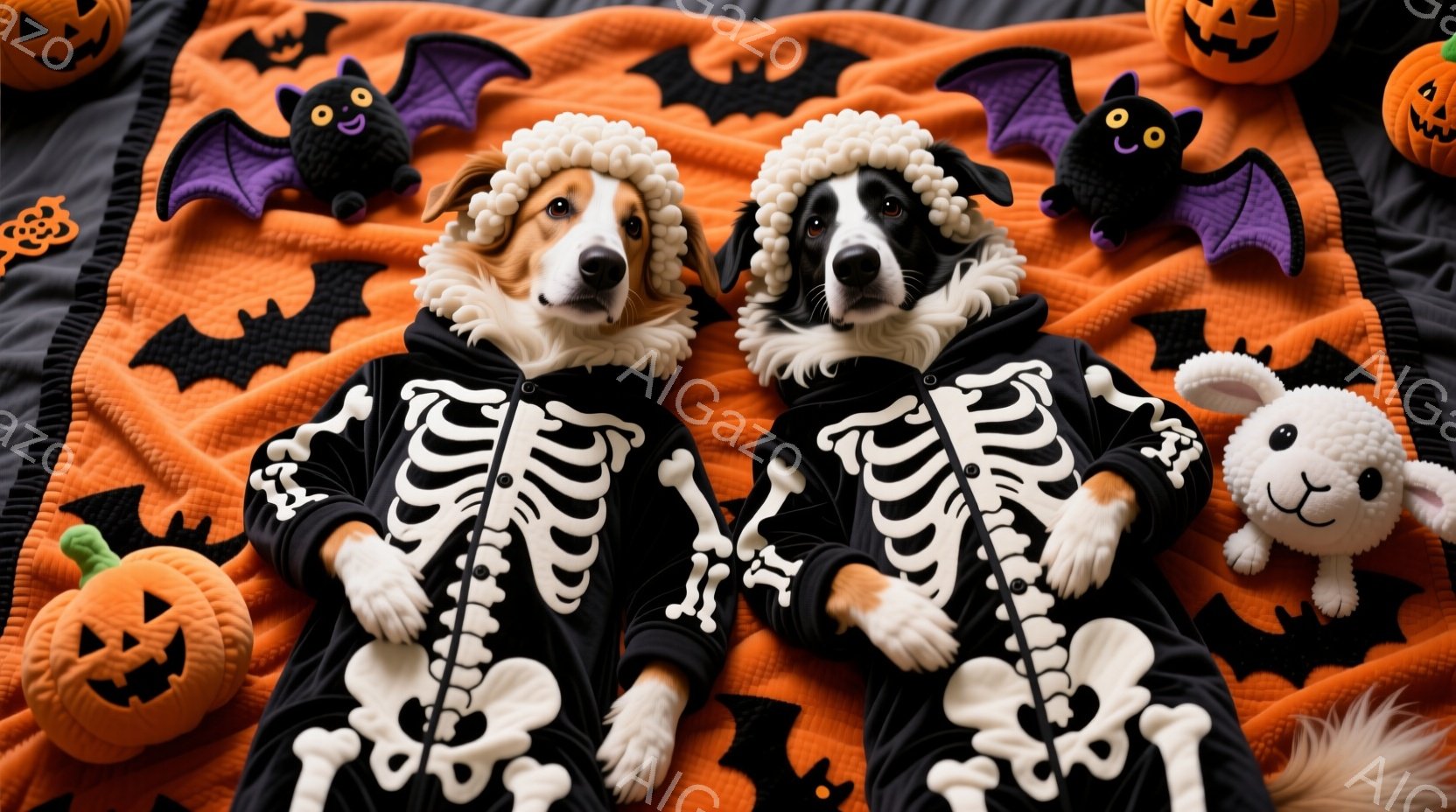 オレンジ色の背景に、骸骨のコスチュームを着た二匹の犬が横たわっています。犬たちは白いふわふわの襟をつけ、少し驚いたような表情でこちらを見ています。背景にはハロウィーンの装飾品であるカボチャやコウモリ、 - AI生成フリー素材
