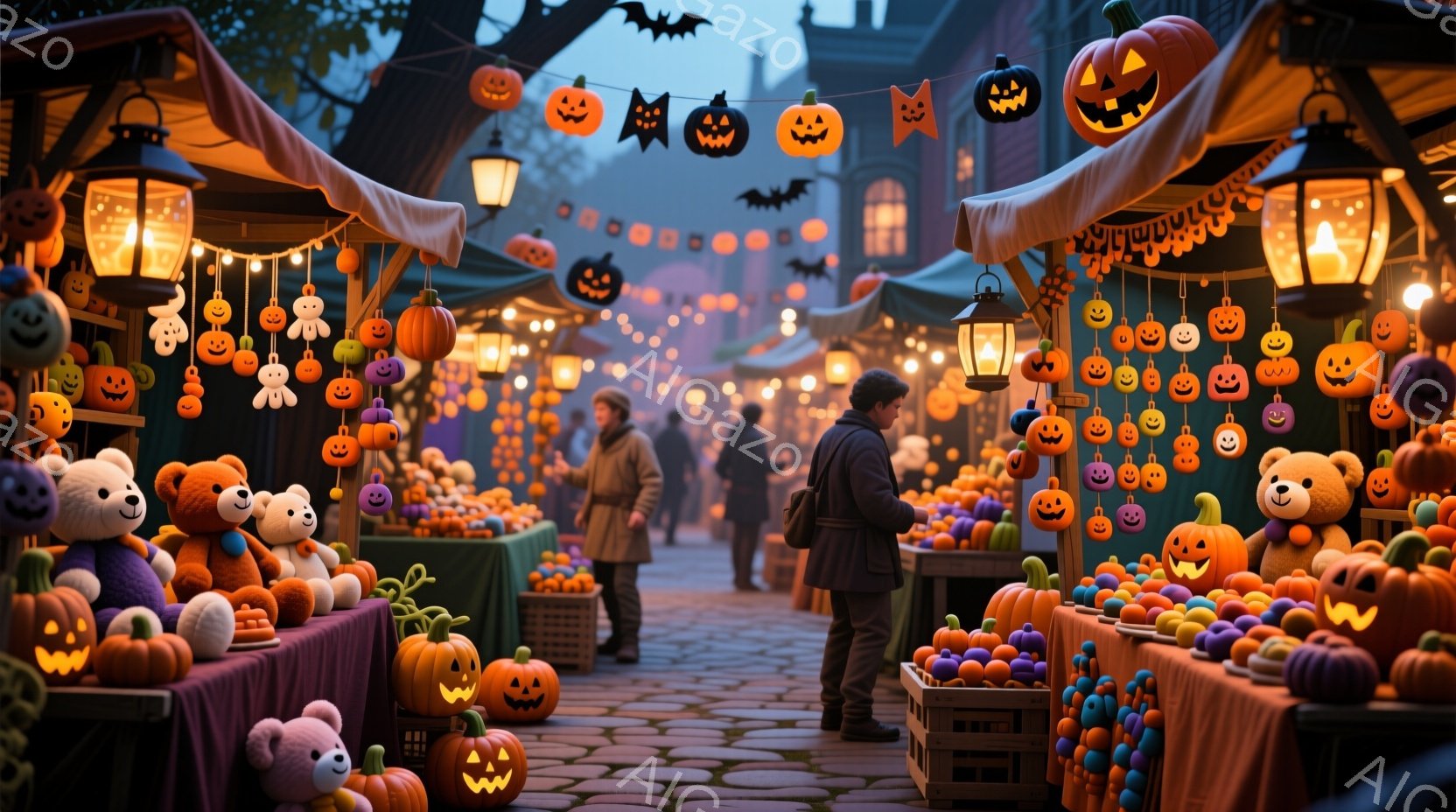 石畳の道に沿って、ハロウィンの飾り付けが施された屋台が並んでいます。人々は秋色の服装で、かぼちゃやおもちゃが並ぶ屋台をゆっくりと見物しています。背景には、中世風の建物が立ち並び、暗い空にはコウモリが舞 - AI生成フリー素材