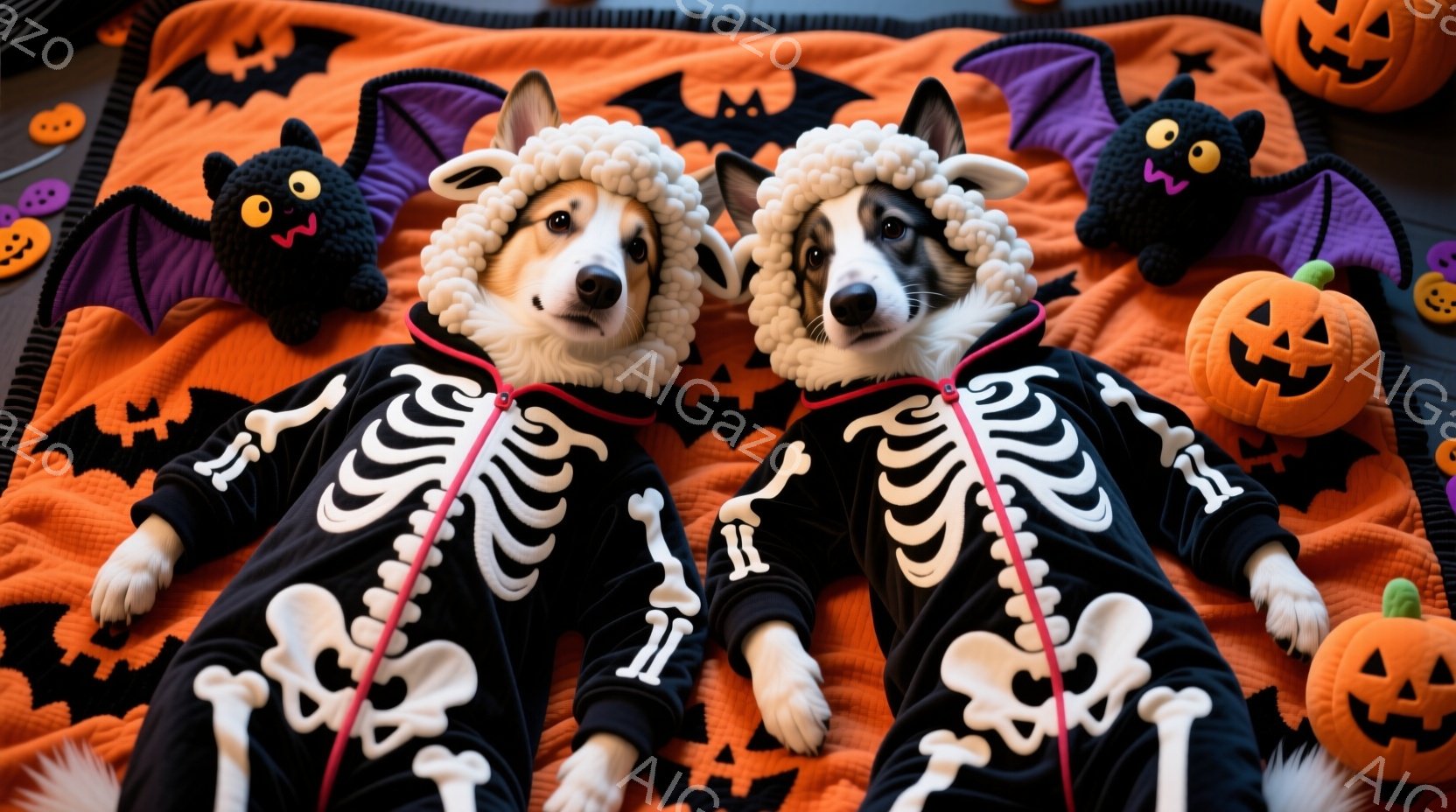 オレンジ色の背景に、骸骨のコスチュームを着た2匹のコーギー犬が並んで横たわっています。犬たちは白い襟付きの骸骨模様の服を着ており、リラックスした表情でカメラを見つめています。背景には、ハロウィーンを象 - AI生成フリー素材