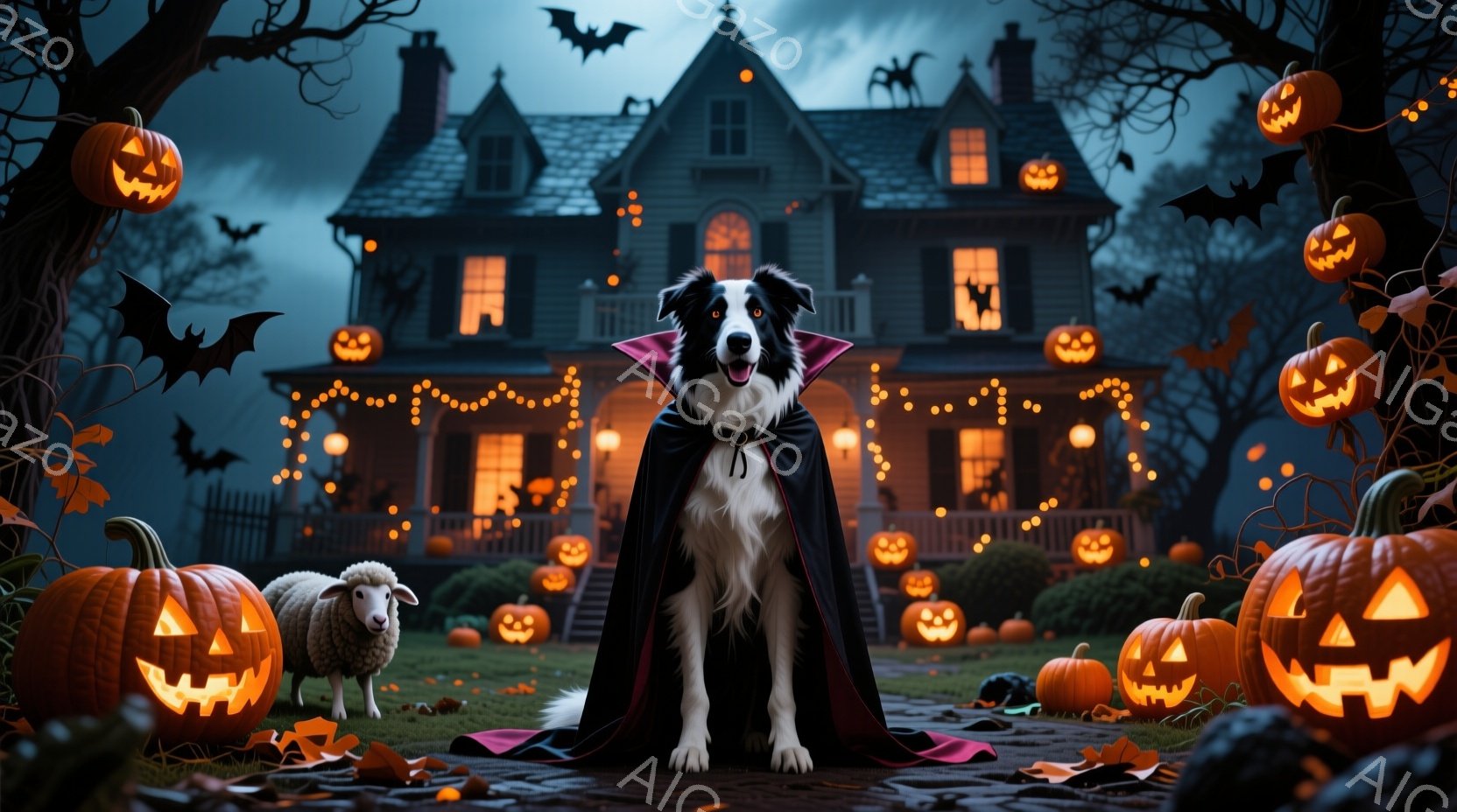 黒い毛並みのボーダーコリーが、ハロウィーン用の赤い襟付きマントを羽織り、堂々と正面を向いている。背景には、ジャック・オー・ランタンで飾られた古い屋敷と、不気味な雰囲気の庭園が広がり、空にはコウモリが舞 - AI生成フリー素材