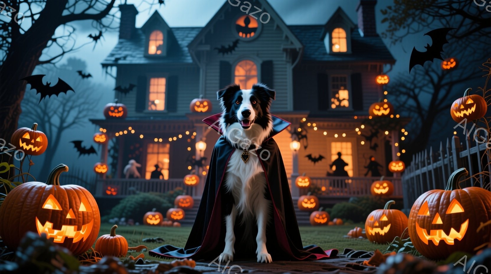 黒い毛並みの犬が、ハロウィーンらしい黒いマントを羽織り、庭の真ん中に立っている。背景には、ジャック・オー・ランタンで飾られた大きな家と、暗い空を飛ぶコウモリが描かれ、秋の夜の不気味な雰囲気が漂っている - AI生成フリー素材