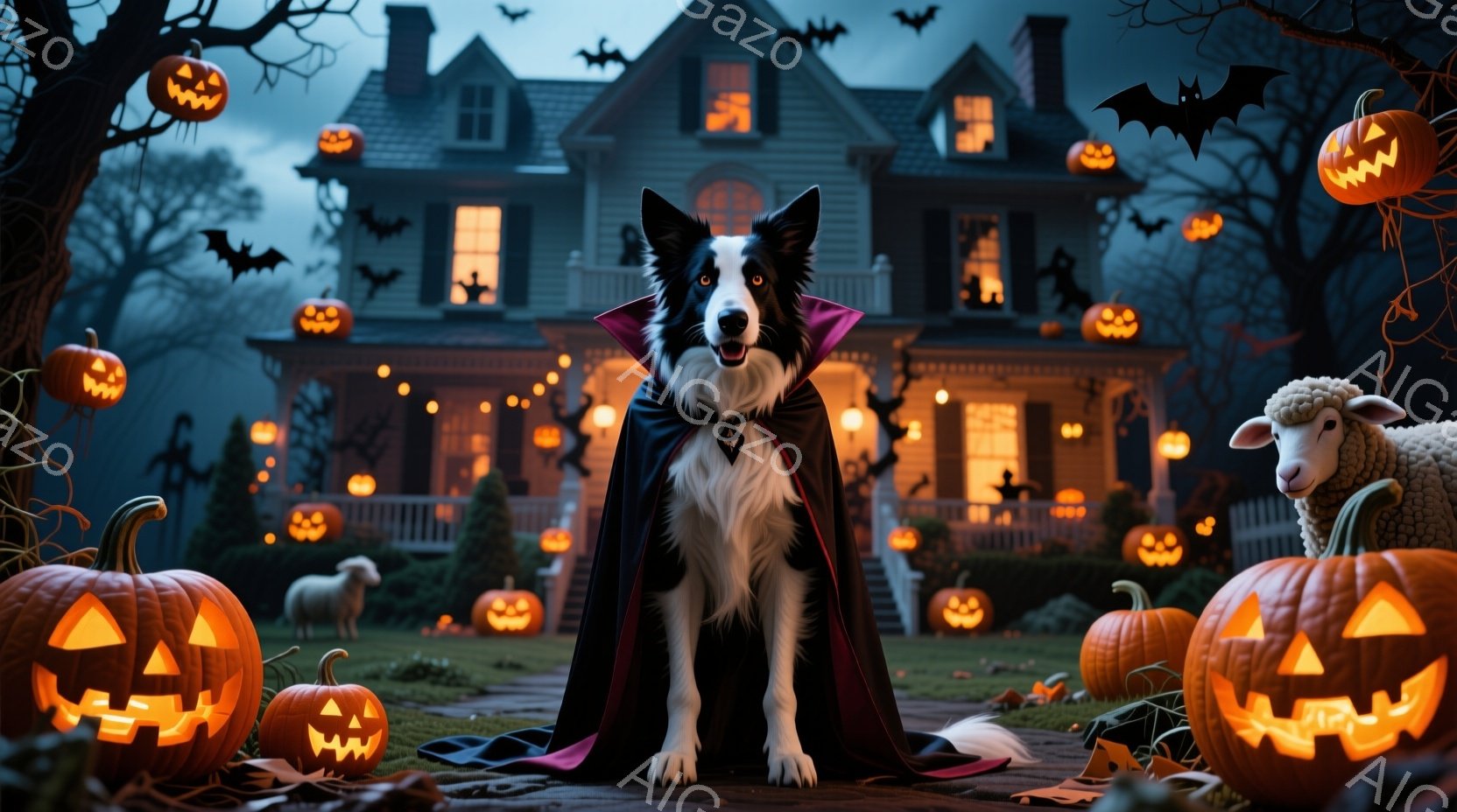 黒と白のボーダーコリーが、黒いマントと赤い襟をつけ、ハロウィーンの夜に佇んでいます。背景には、カボチャのランタンで飾られた庭と、不気味な雰囲気の古い屋敷が見え、夜空にはコウモリが舞っています。全体的に - AI生成フリー素材