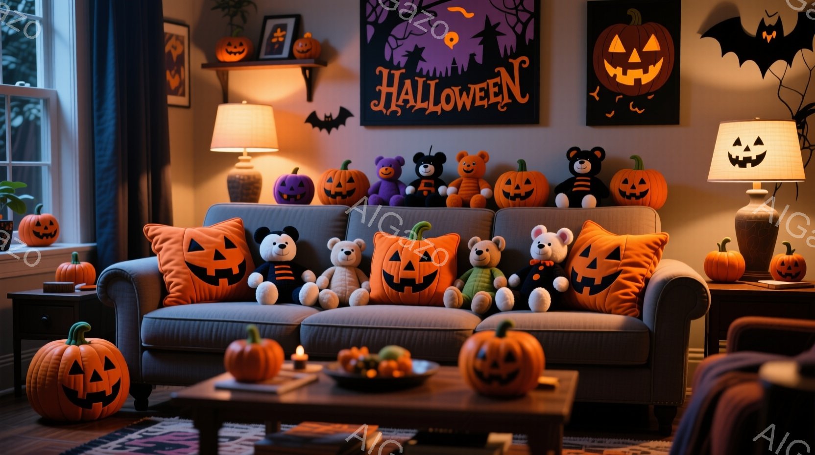 部屋はハロウィーンの装飾でいっぱいになり、ソファーにたくさんのカボチャのぬいぐるみやクッションが並んでいます。暖かくオレンジ色の光が部屋全体を照らし、暖炉の炎とカボチャのランタンが、お祝いの雰囲気を高 - AI生成フリー素材