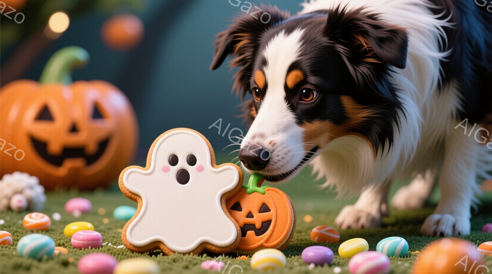 ゴールデン・レトリバーのような毛並みの犬が、ハロウィーンをテーマにしたクッキーに鼻を近づけています。背景には、明るいオレンジ色のジャック・オ・ランタンと、カラフルなキャンディーが散りばめられた緑色の芝生が広がっています。全体的に、ハロウィーンの楽しい雰囲気と、犬の好奇心を捉えた温かいイメージです。