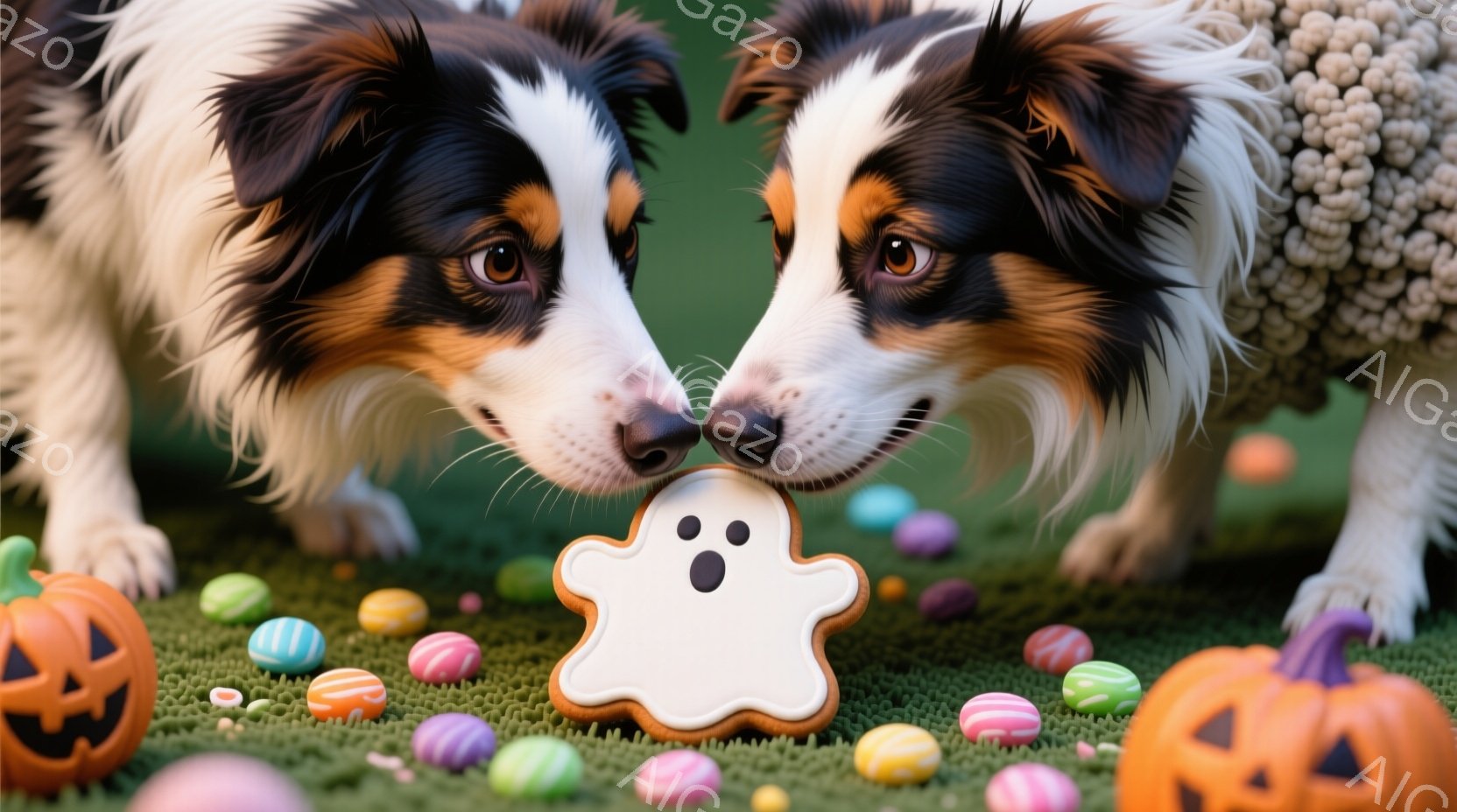 2匹の犬が、ハロウィーンをテーマにしたお菓子に注目しています。彼らは芝生のカーペットの上に座り、白いお化けのクッキーとカラフルなキャンディーに鼻を近づけています。背景にはオレンジ色のジャック・オ・ラン - AI生成フリー素材