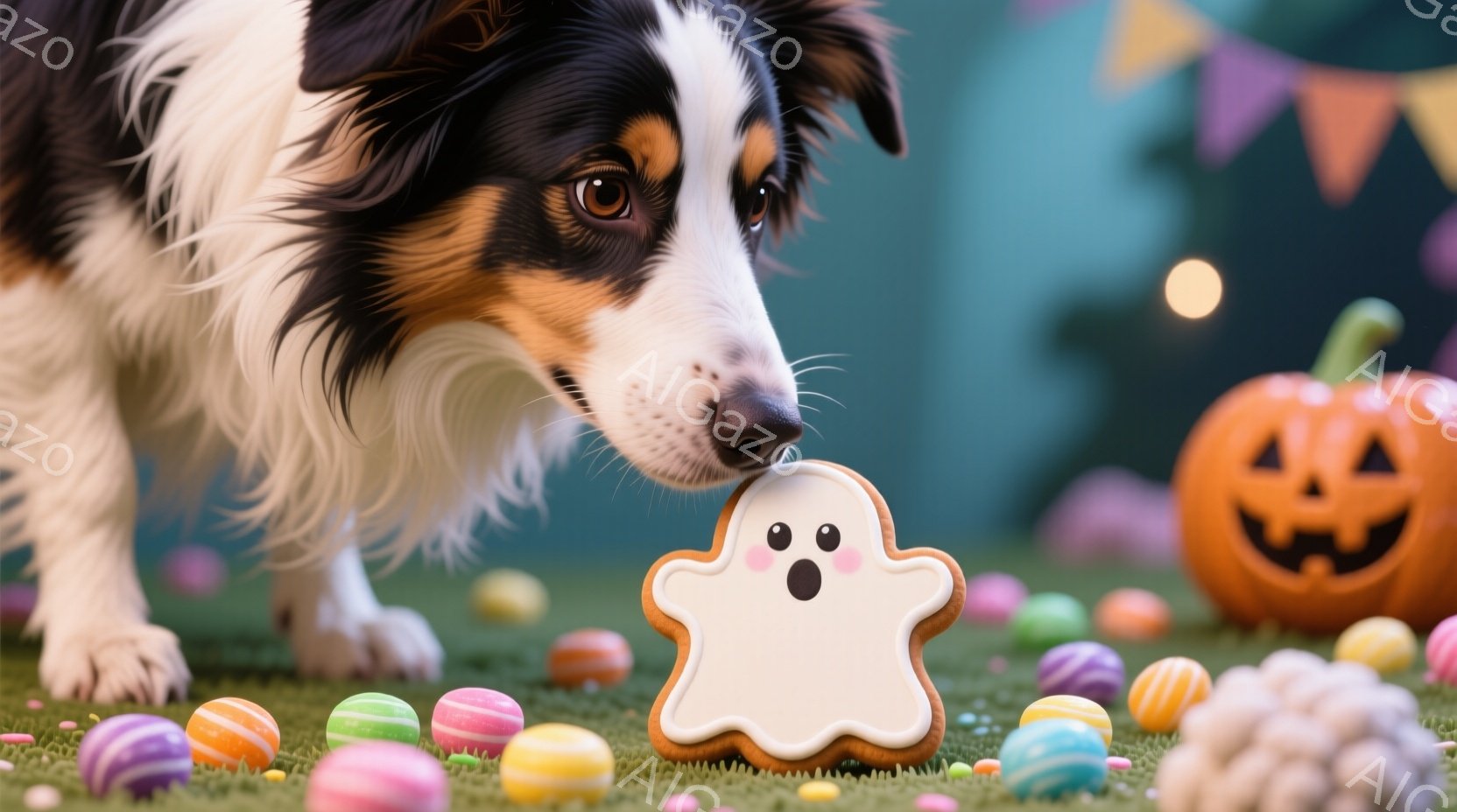 鮮やかな緑色の芝生の上に、可愛らしい幽霊のクッキーが置かれ、それを好奇心旺盛な犬が鼻で突いています。背景には、ハロウィーンを象徴するカボチャのランタンやカラフルなキャンディが散りばめられ、お祭り気分を - AI生成フリー素材