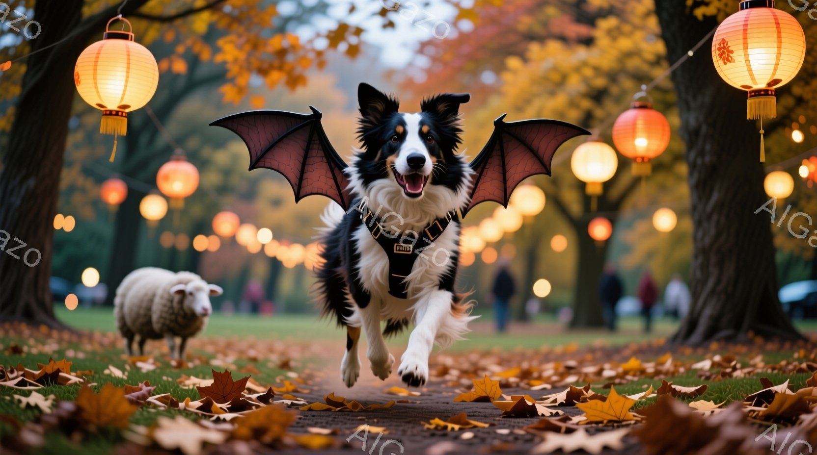 黒い毛並みのボーダーコリーが、ハロウィーンの装飾であるコウモリの翼を付けて、緑豊かな公園の小道を走っている。背景には、ぼやけた人影と、オレンジ色の提灯が点在し、落ち葉が敷き詰められた道が秋の雰囲気を醸し出している。全体的に、楽しくて遊び心のある、季節のイベントを祝うような雰囲気だ。