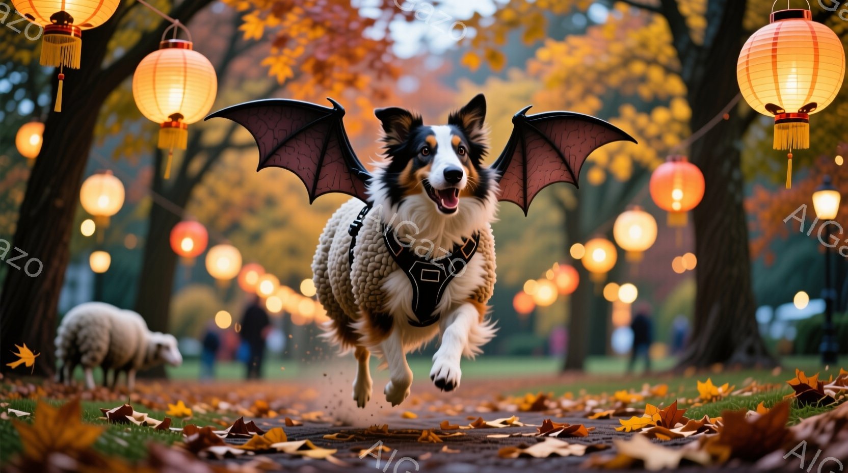 鮮やかな秋の公園を、翼をつけたボーダーコリーが勢いよく駆け抜けている。犬はハロウィーンを意識したような黒い翼とハーネスを身につけ、嬉しそうな表情で楽しんでいる。背景には、落ち葉が舞い散る遊歩道、ぼんや - AI生成フリー素材