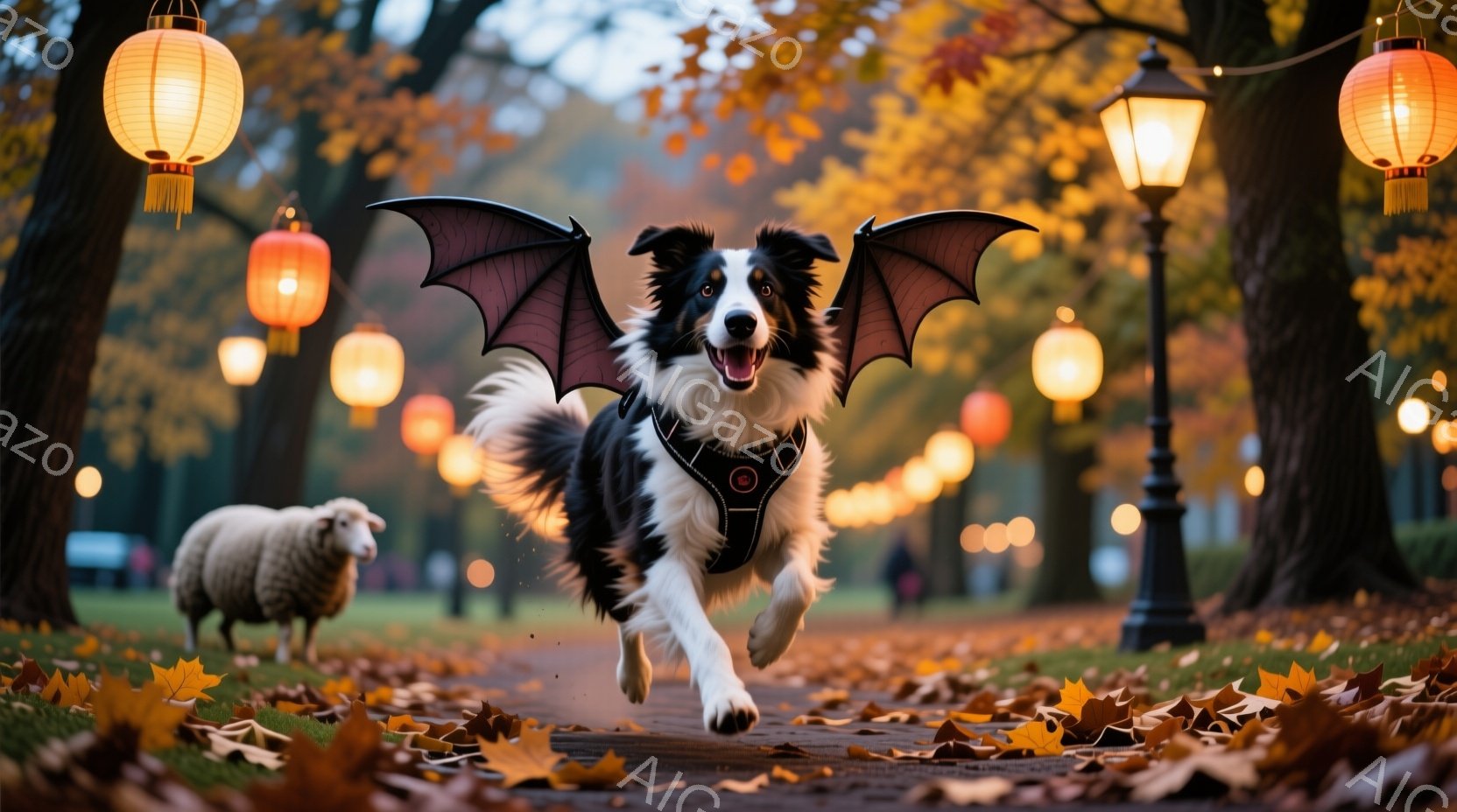 黒と白のボーダーコリーが、まるで空を飛ぶかのように、公園の遊歩道を走り抜けている。背中にはコウモリの羽が取り付けられており、楽しそうな表情で口を開けている。背景には、紅葉した木々と、ぼんやりと光る提灯 - AI生成フリー素材