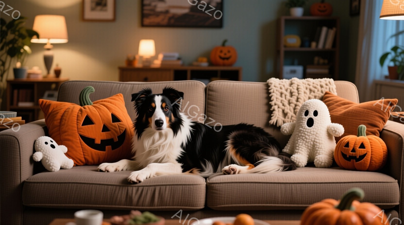 ソファに横たわるボーダーコリーが描かれています。ハロウィーンをテーマにしたカボチャと幽霊のクッションに囲まれ、リラックスした表情でカメラを見つめています。背景には、ハロウィーンの装飾が施された本棚と、 - AI生成フリー素材