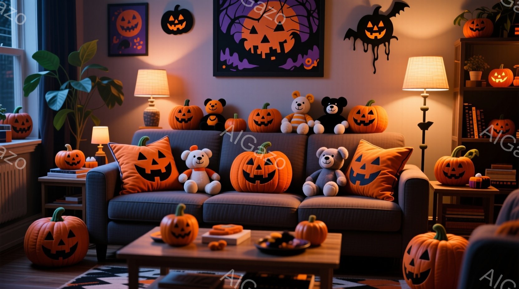 ハロウィーンをテーマにしたリビングルームの様子で、ソファーに様々な大きさのジャック・オー・ランタンのクッションやぬいぐるみ、そして可愛らしいテディベアが並べられています。背景にはハロウィーンの装飾が施 - AI生成フリー素材