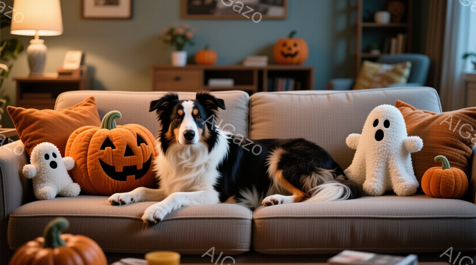 ソファの上には、黒と白の毛並みを持つボーダーコリーがゆったりと横たわっています。周りには、ハロウィーンを連想させるカボチャのクッションや、白いお化けのぬいぐるみが置かれており、秋の温かい雰囲気を醸し出 - AI生成フリー素材