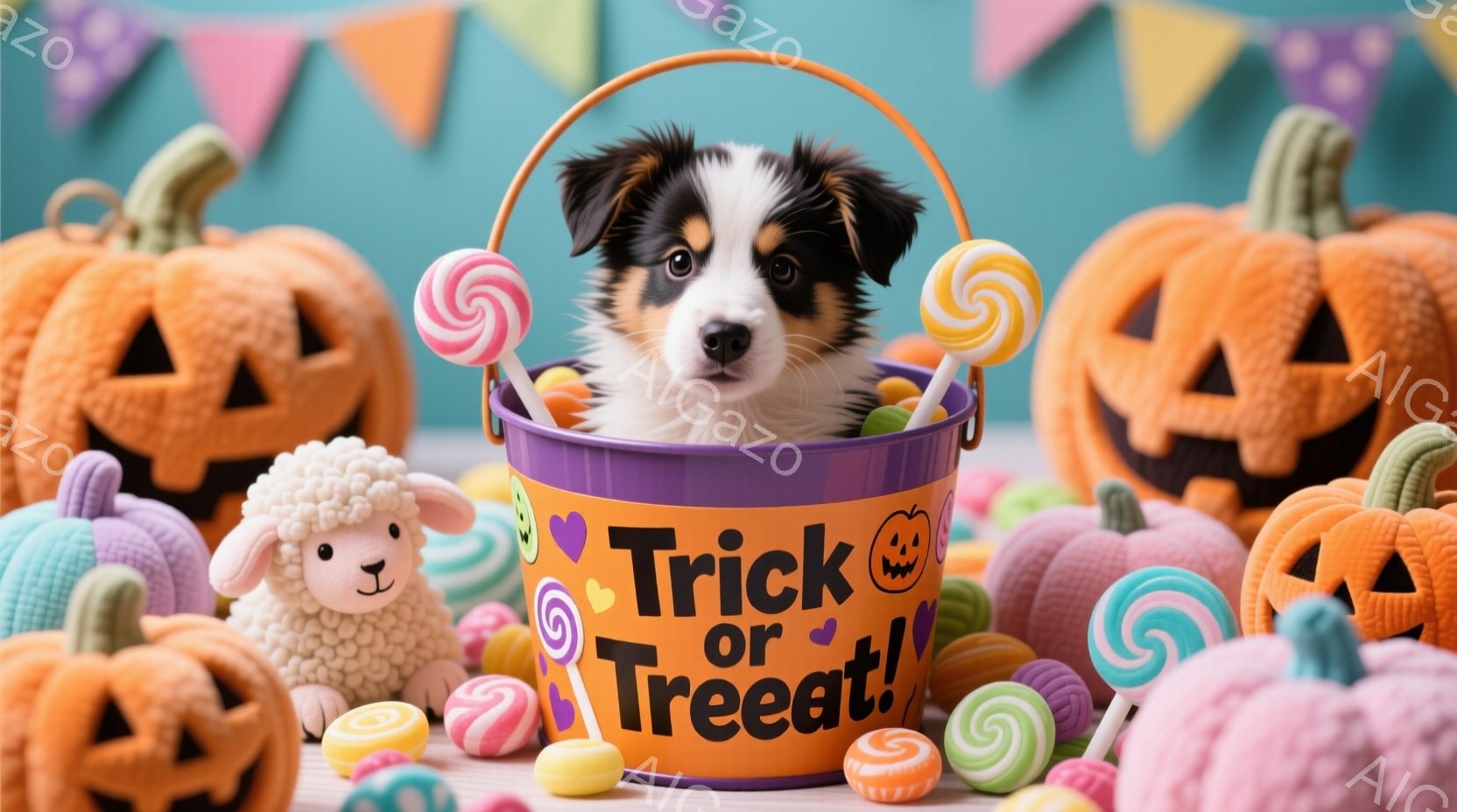 ハローウィーンをテーマにした可愛らしい写真です。茶色と黒の毛並みの小さな子犬が、オレンジ色の「Trick or Treat!」と書かれたバケツの中に座っており、周りにはキャンディーやハロウィーンの飾り - AI生成フリー素材